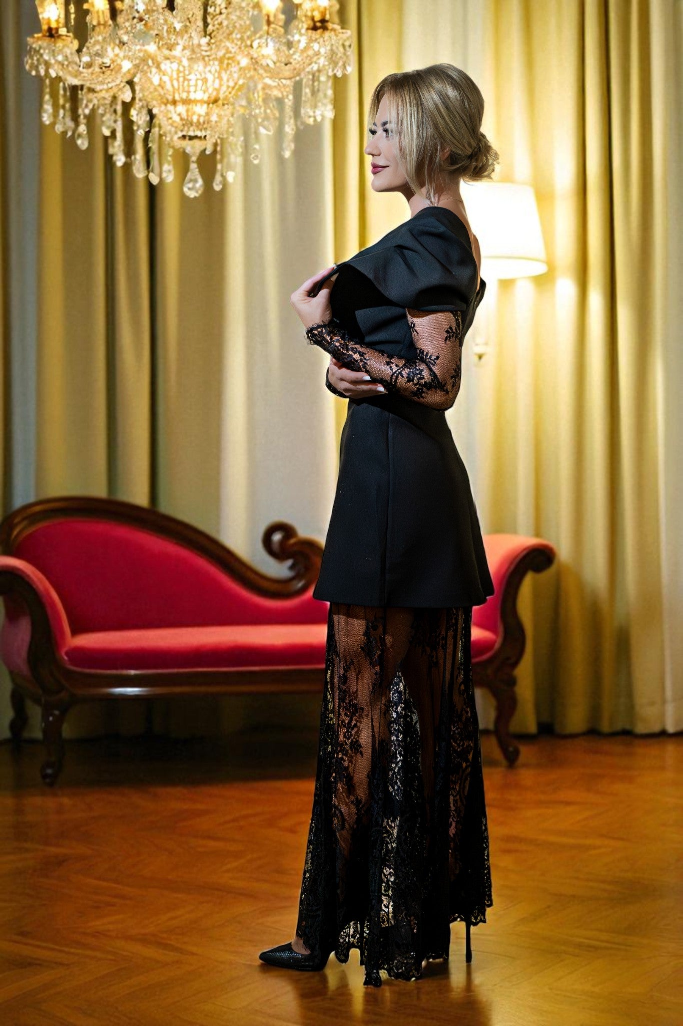 Rochie de seară cu fusta din dantela neagra - Lina