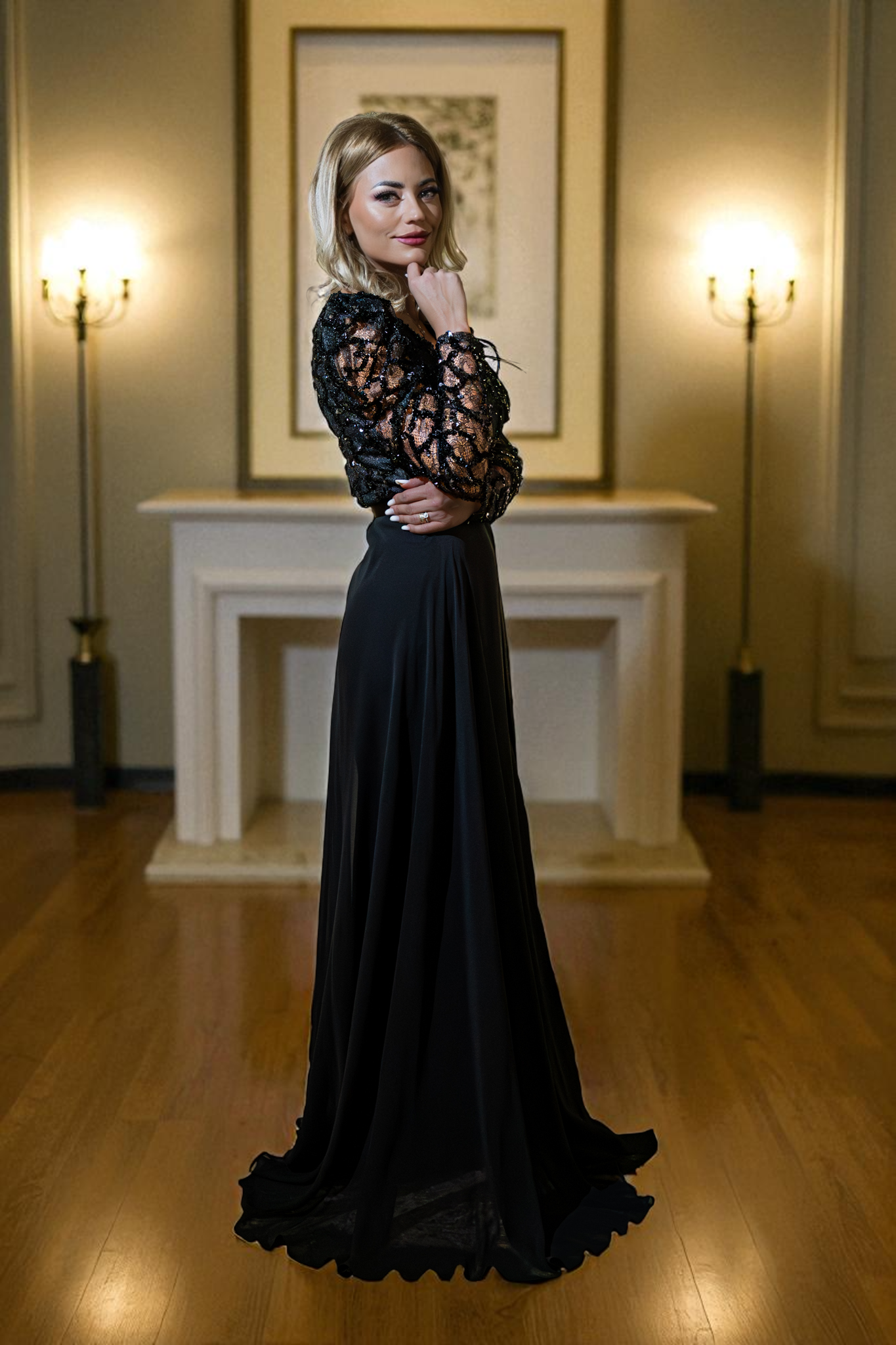 Salopetă neagră cu paiete și trenă de voal - Elyse