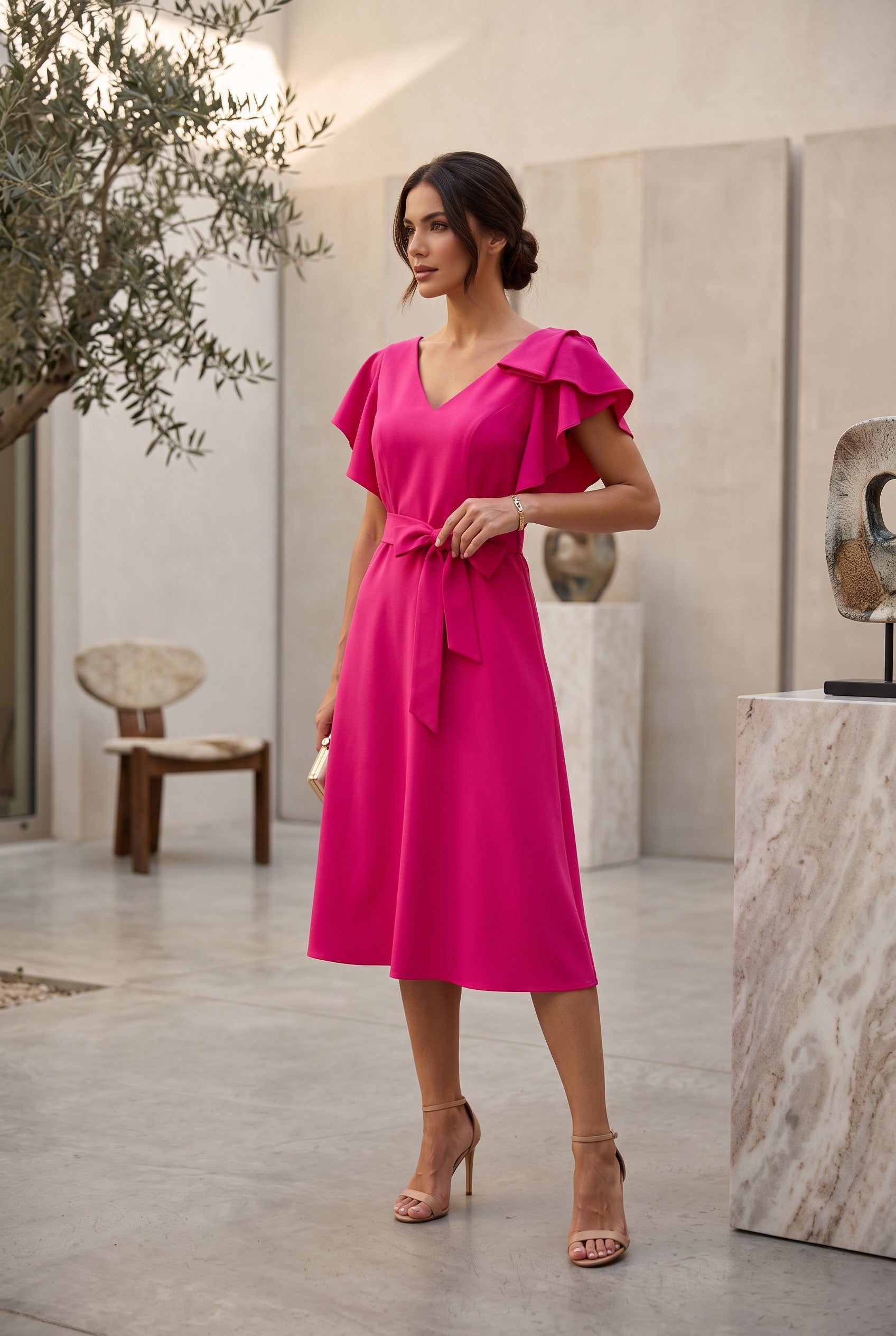 Rochie Aurora – roz fucsia, cu volan drapat pe umeri