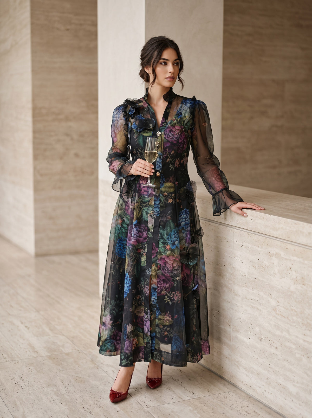 Rochie Organza Eleganta cu Imprimeu Floral  – Nocturne Fleurie 2174075