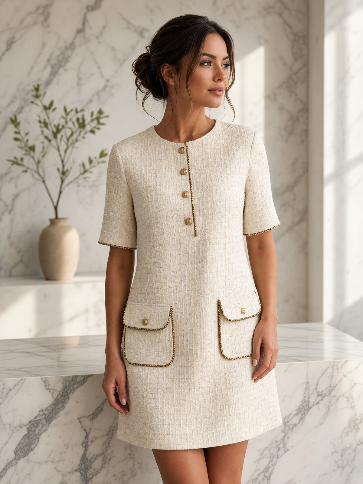 Rochie scurtă Constance din bouclé – ivory
