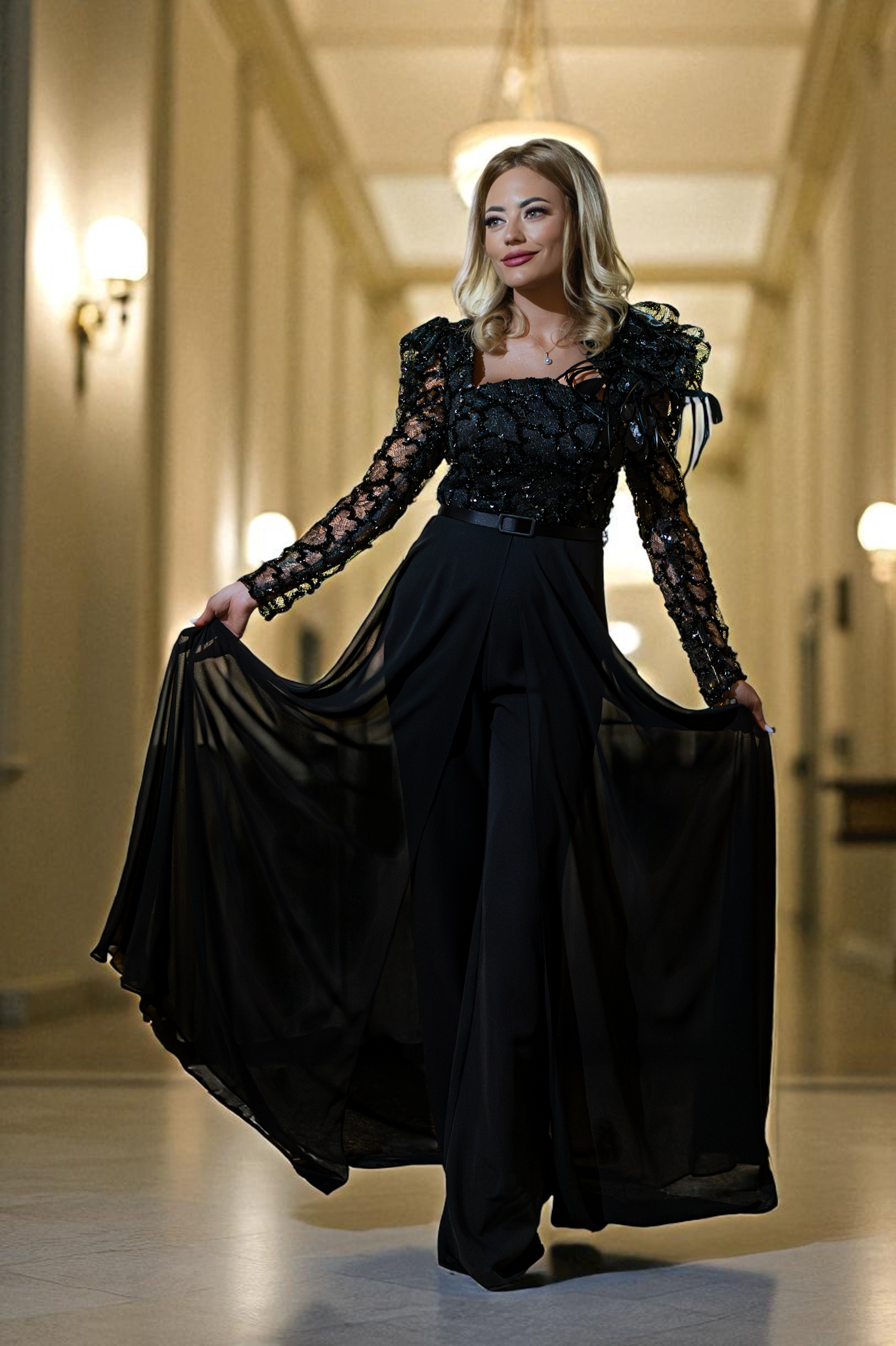 Salopetă neagră cu paiete și trenă de voal - Elyse