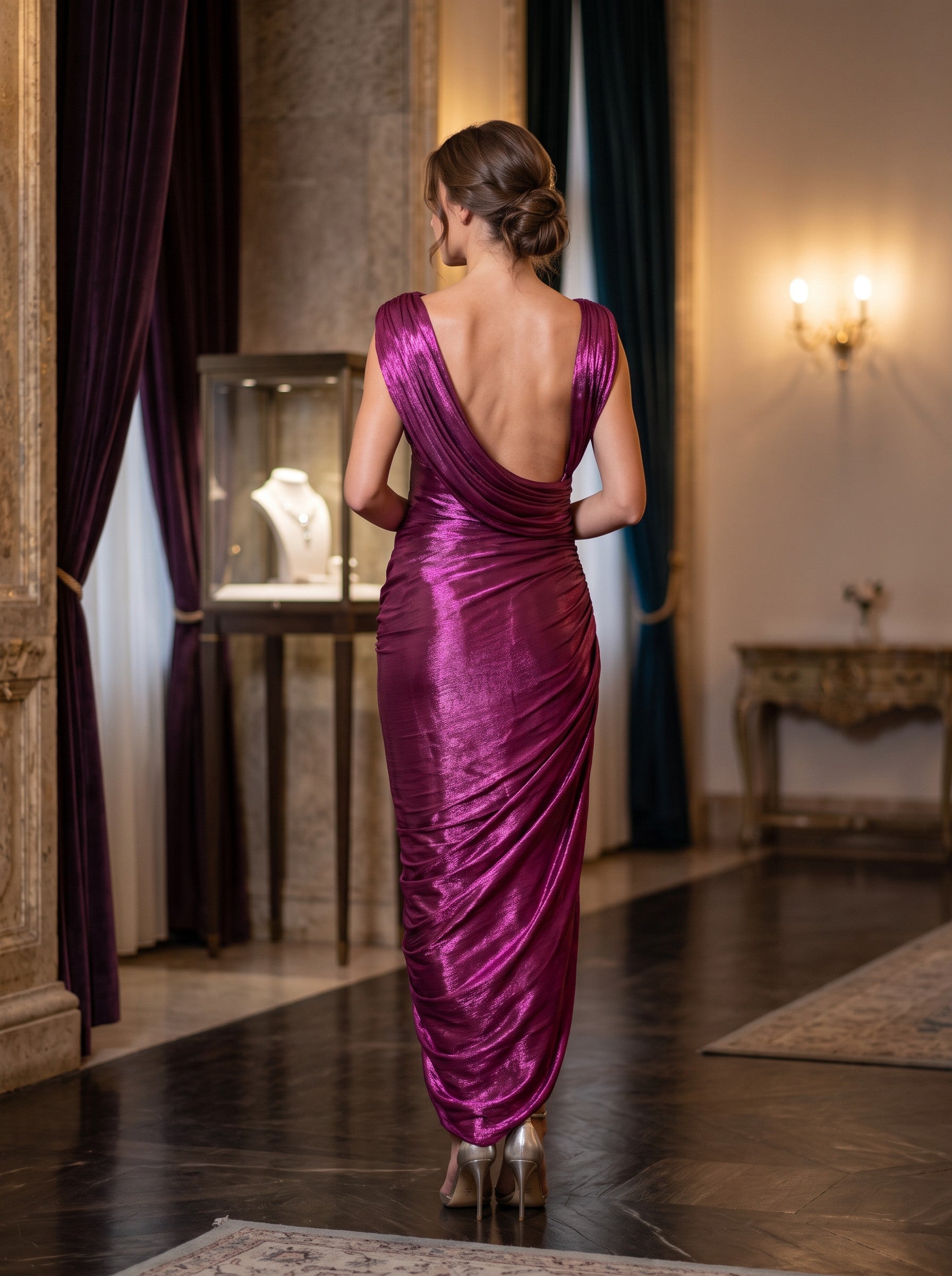 Rochie Midi Eleganta Magenta Metalizata cu Decupaj Lateral - Adelisse Purple