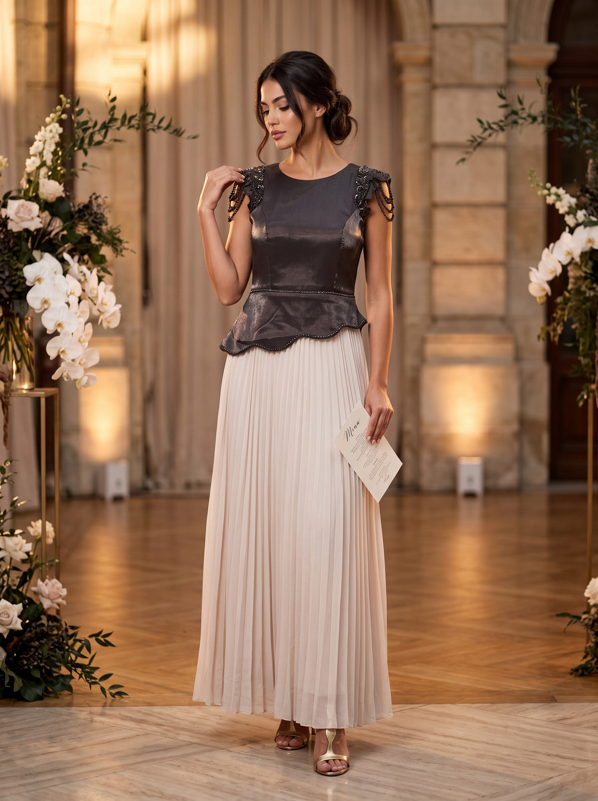 Rochie Eleganta Bicolor Maro cu Fustă Plisată Bej - Avelina Beige