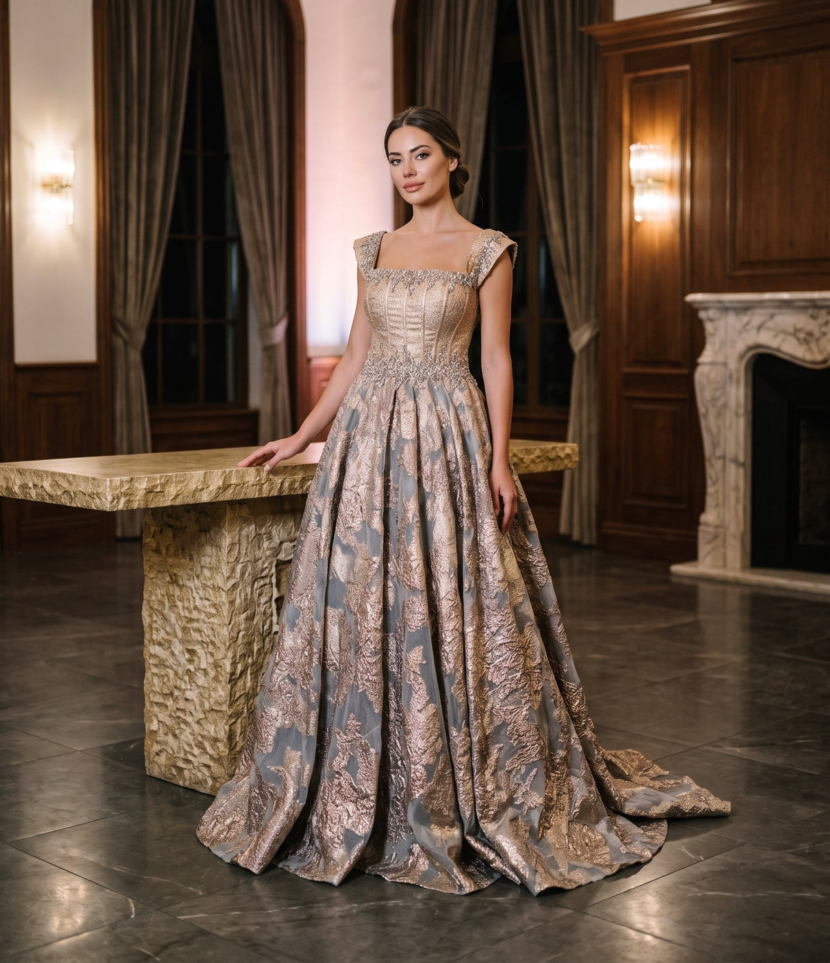 Rochie de Bal Aurie cu Corset Brodat și Fustă Brocart - Carmelina