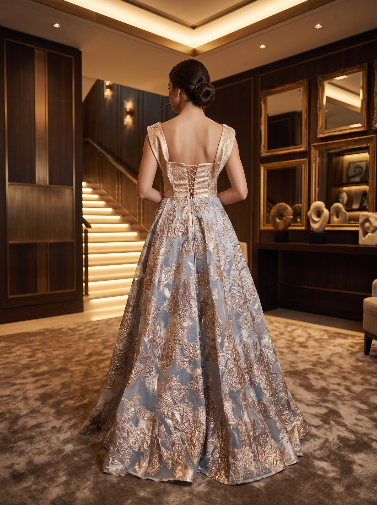 Rochie de Bal Aurie cu Corset Brodat și Fustă Brocart - Carmelina