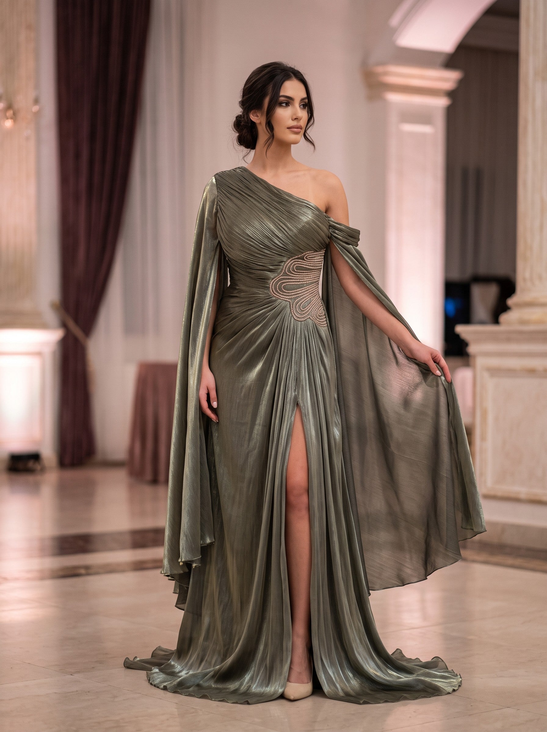 Rochie de Seară Verde Kaki Metalizată Stil Grecesc, Un Umăr - Dahlia