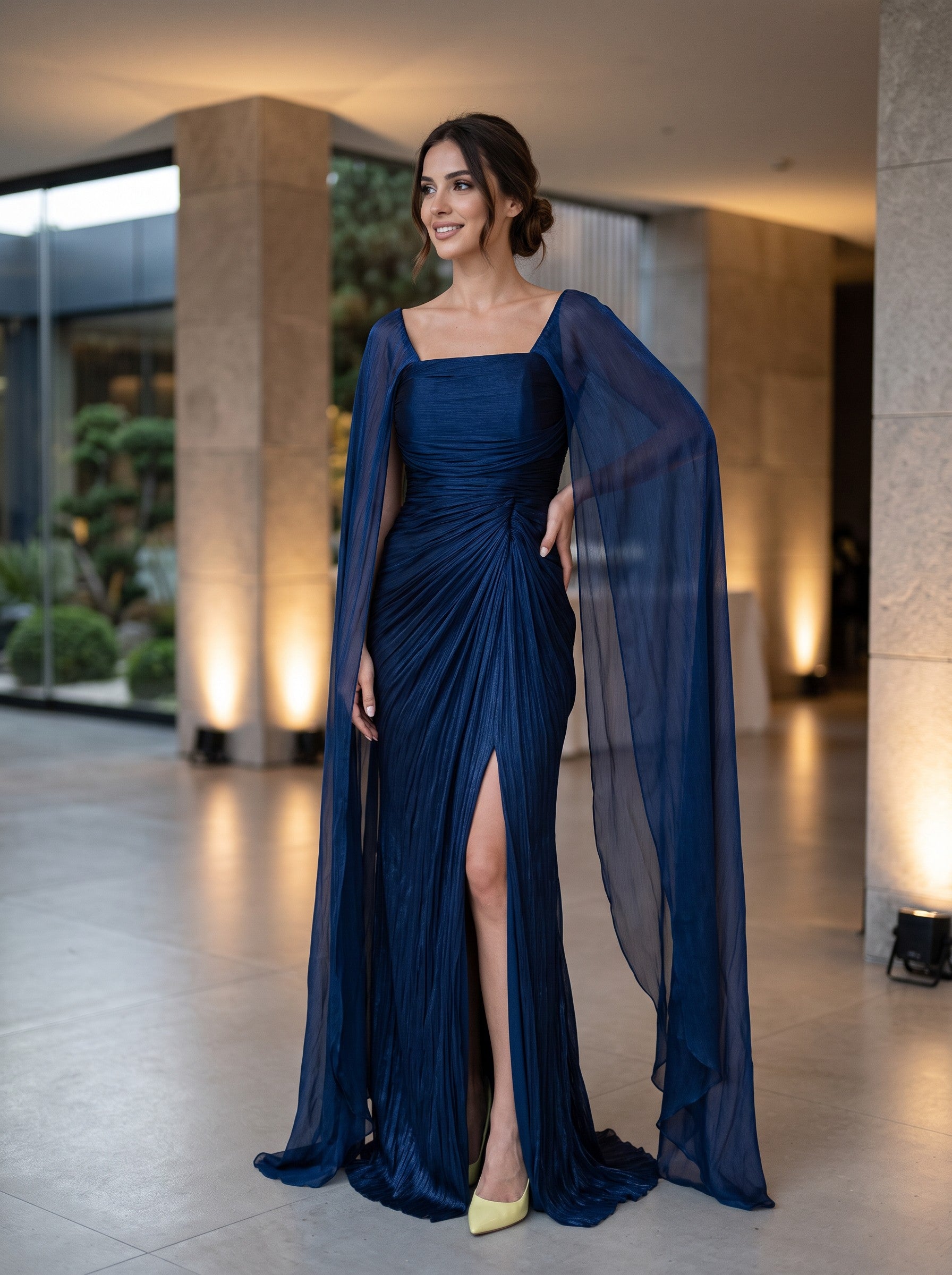 Rochie de Seară Bleumarin cu Mâneci Voal Tip Cape - Elisette