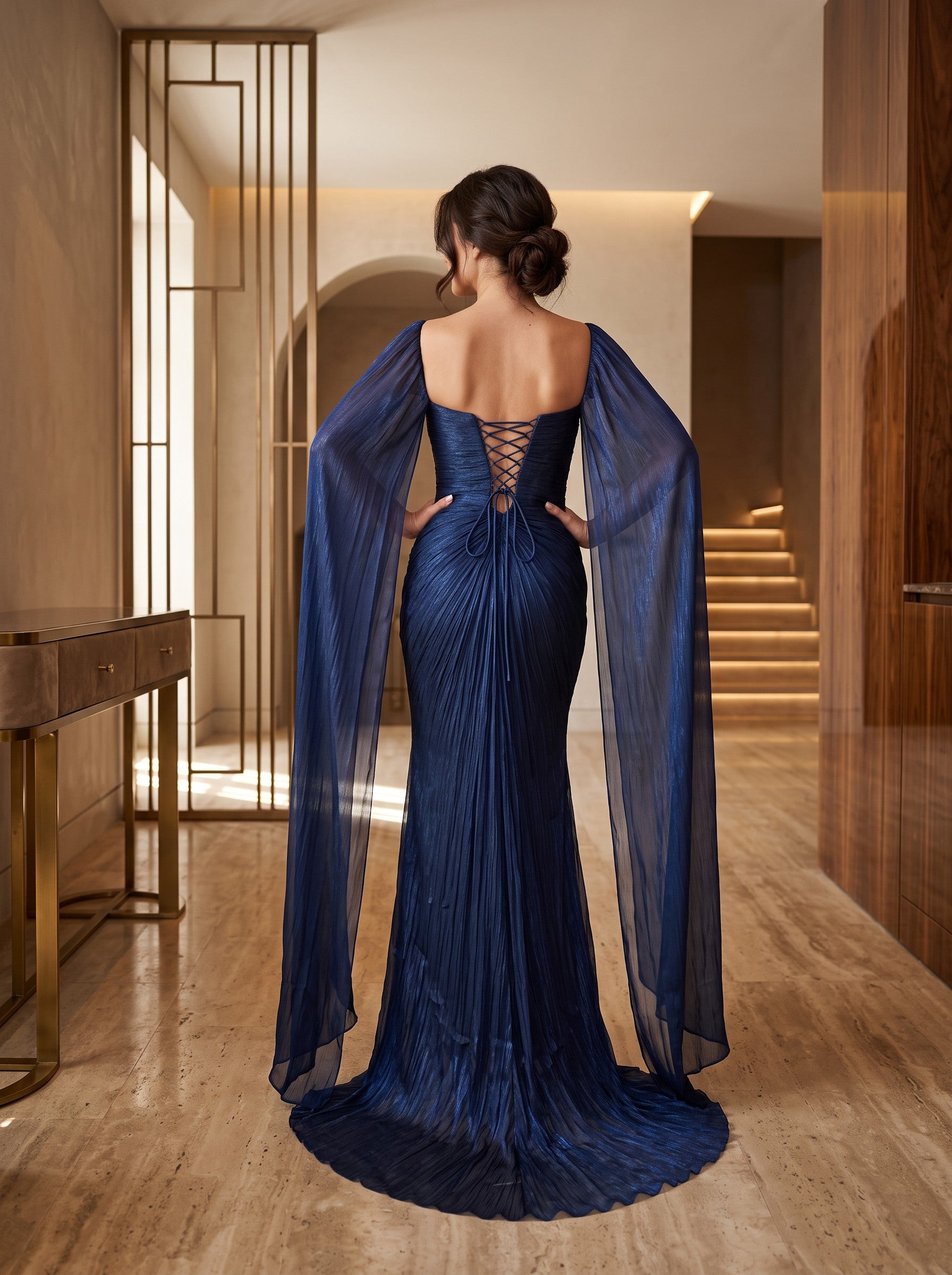 Rochie de Seară Bleumarin cu Mâneci Voal Tip Cape - Elisette