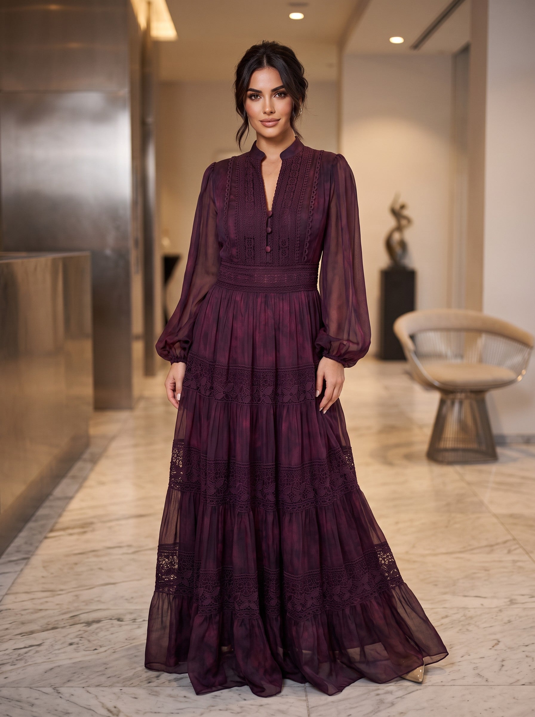 Rochie Boho Vaporoasă Mov Prune cu Dantelă și Volane - Emeline