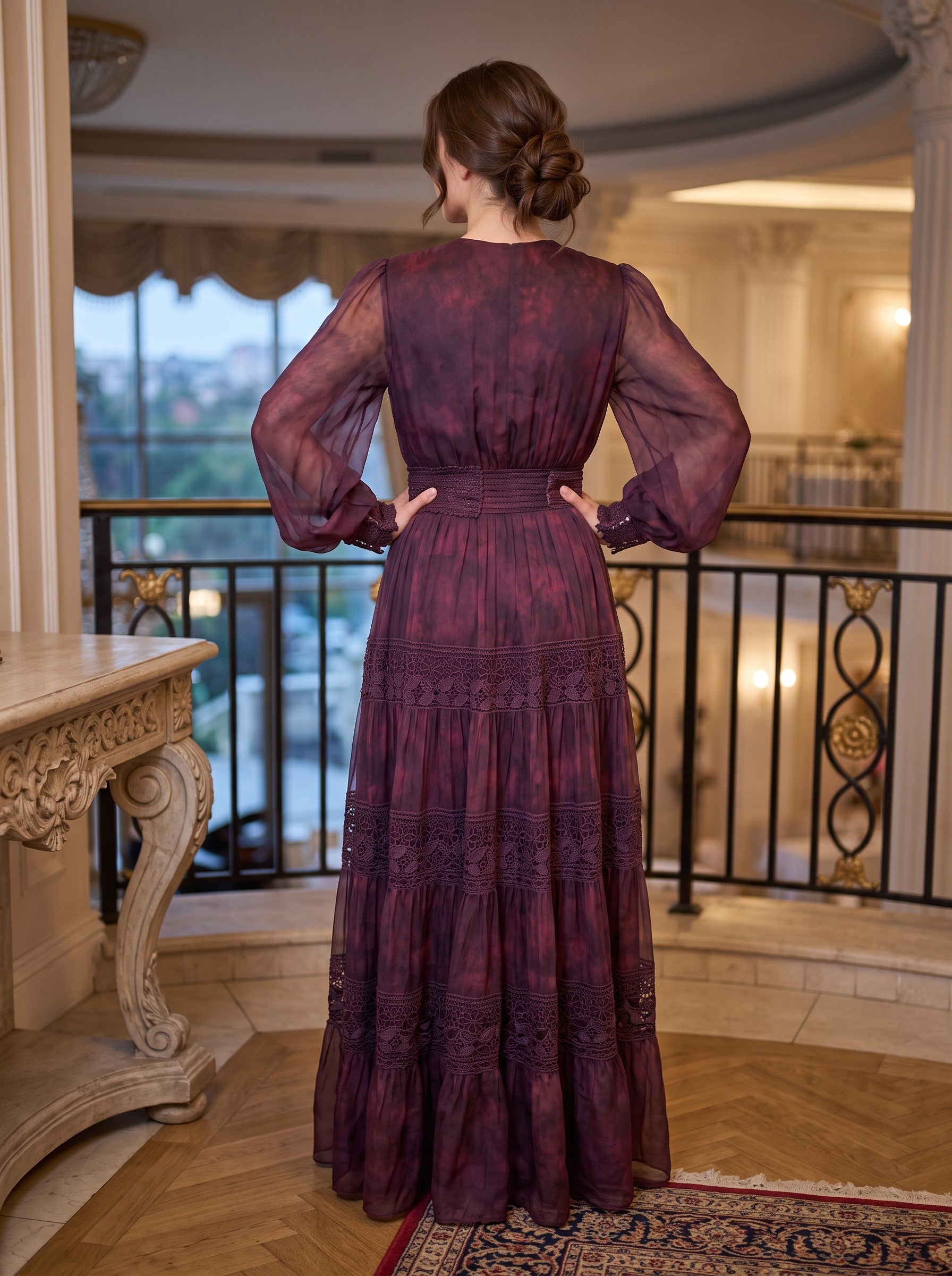 Rochie Boho Vaporoasă Mov Prune cu Dantelă și Volane - Emeline