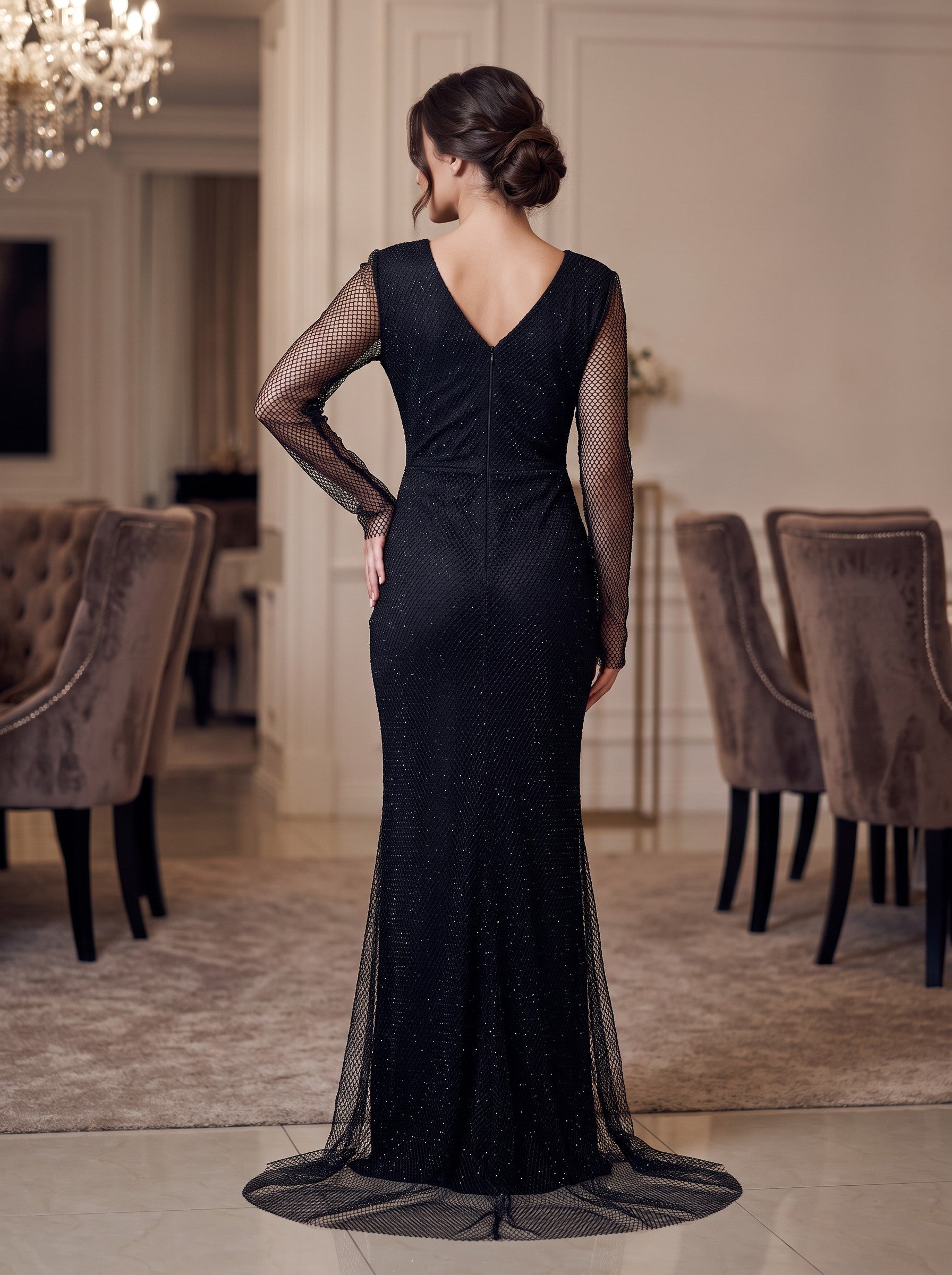 Rochie de Seară Neagră cu Plasă Sclipitoare și Mâneci Transparente - Emiliana