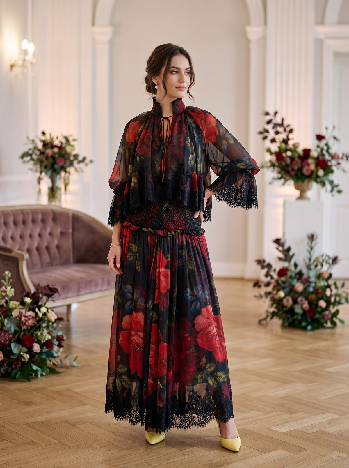 Rochie Boho Vaporoasă cu Imprimeu Floral și Dantelă - Bellamy