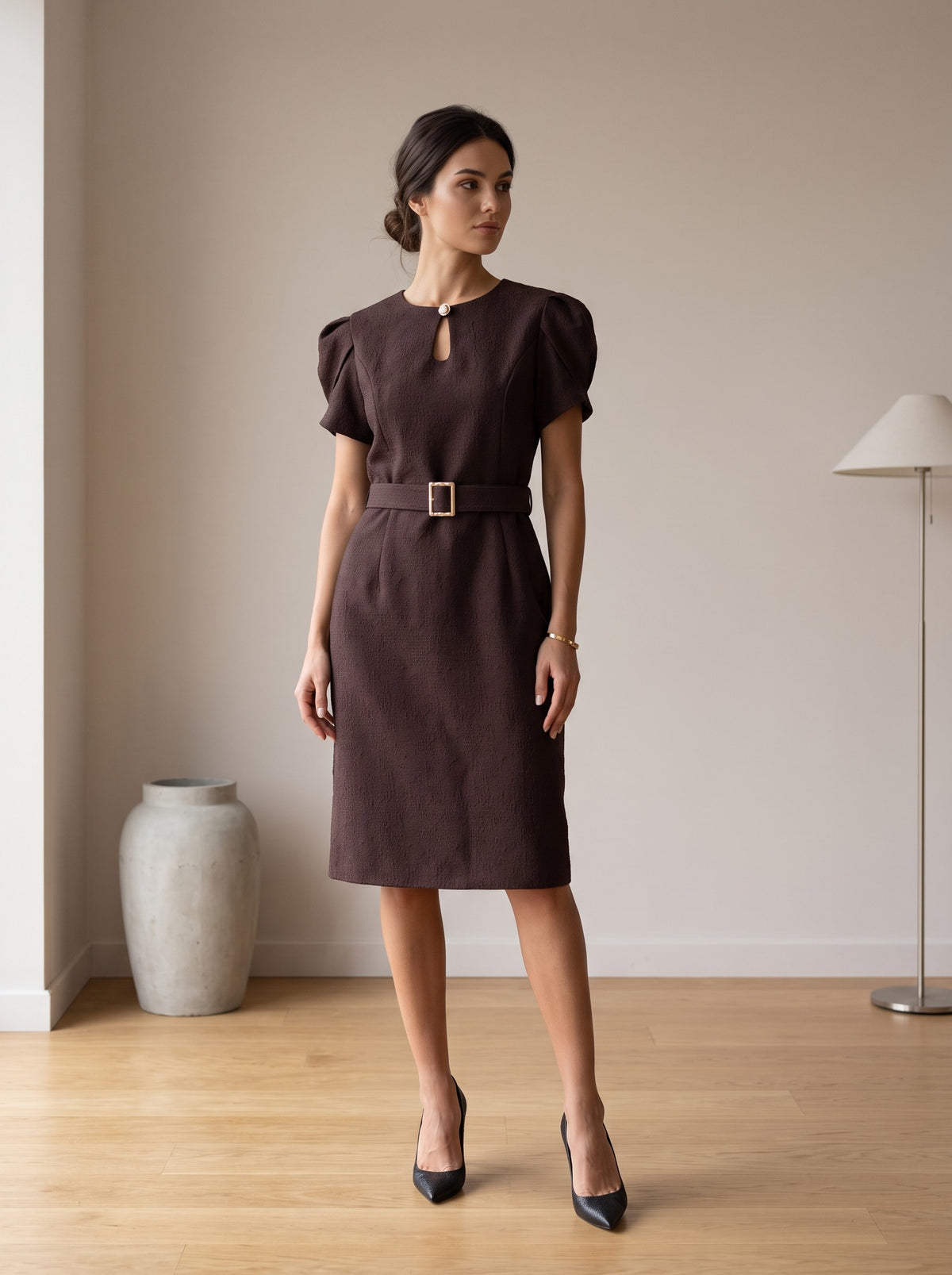 Rochie Midi din boucle Sabina cu Mâneci Bufante 4210