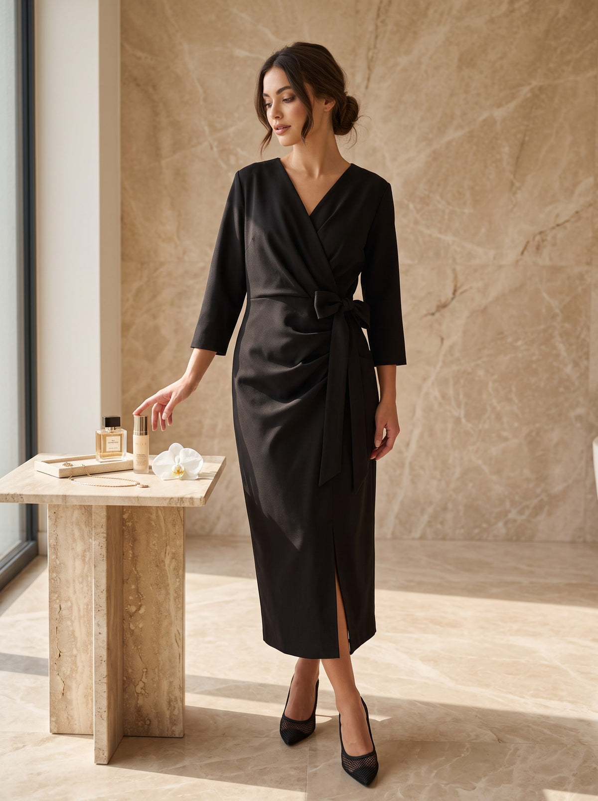 Rochie Midi Elegantă Noeline cu Croială Petrecută și Fundă în Talie 2243
