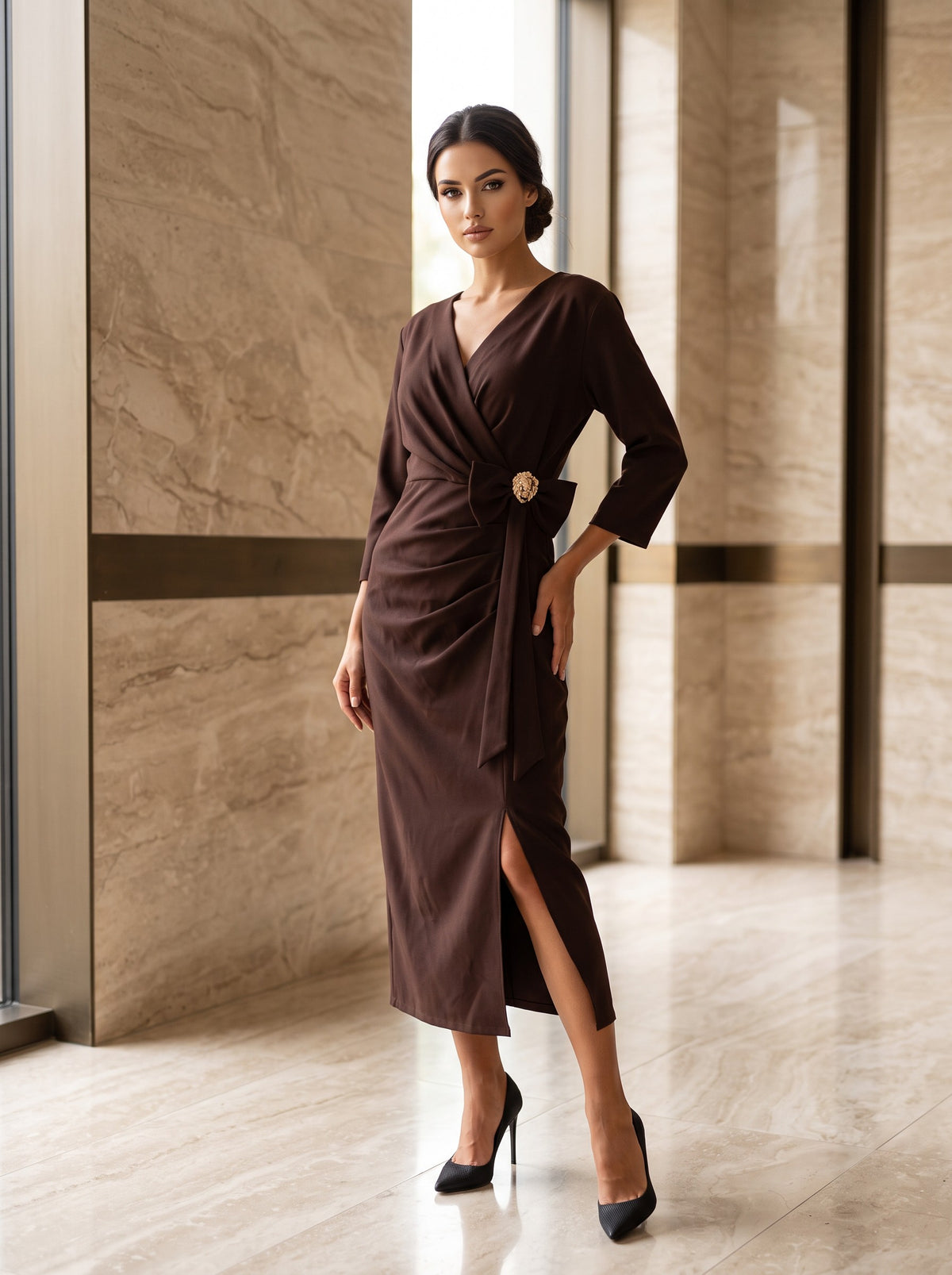 Rochie Midi Elegantă Noeline cu Croială Petrecută și Fundă în Talie 2243