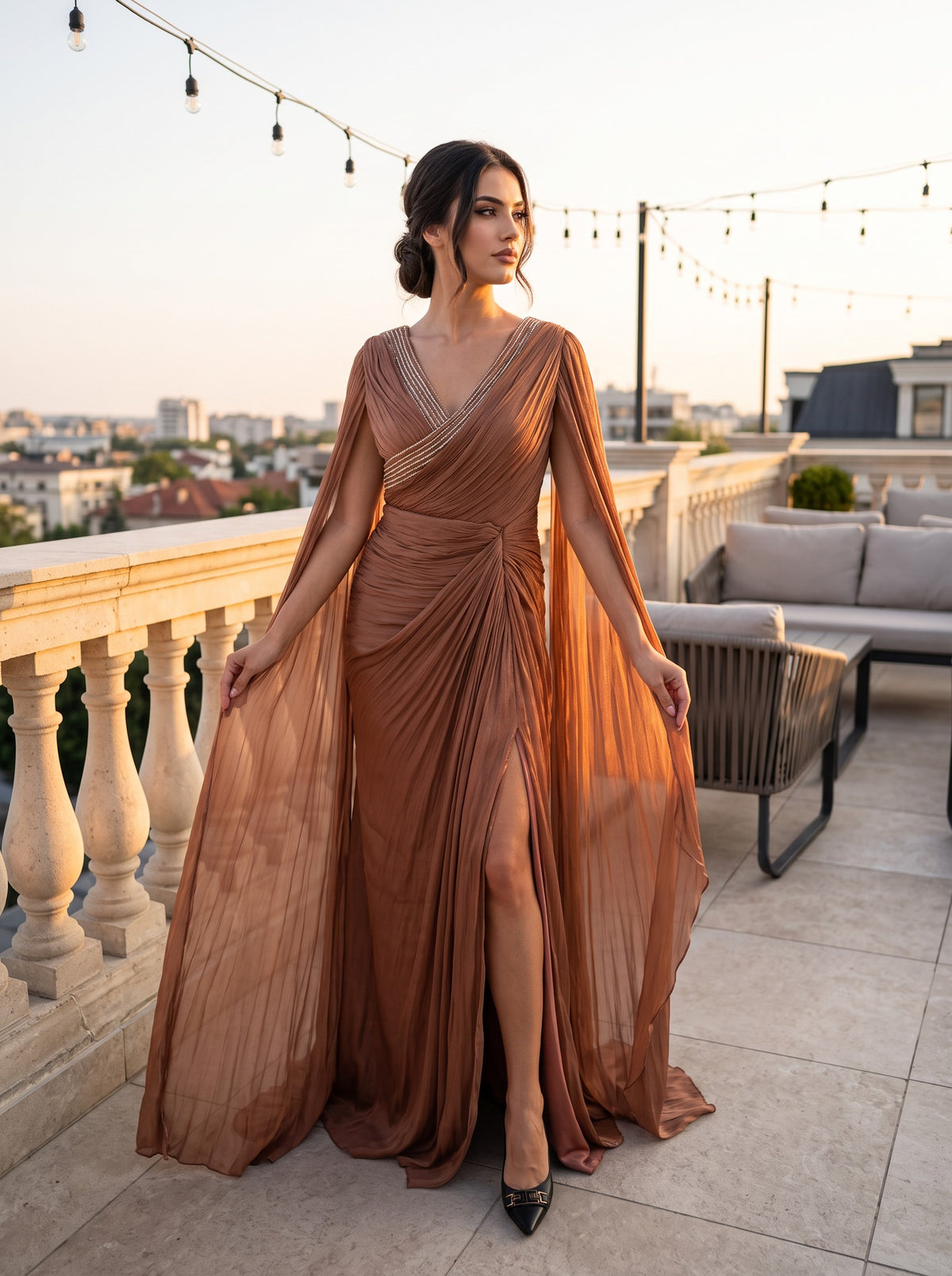 Rochie Lungă Elegantă Terracotta Elara – Rochie de Seară cu Drapaje - 0873