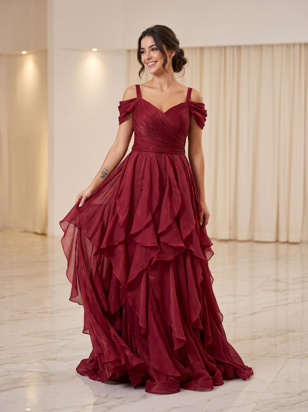 Rochie Lungă Bordo Zoe cu Volane 10589