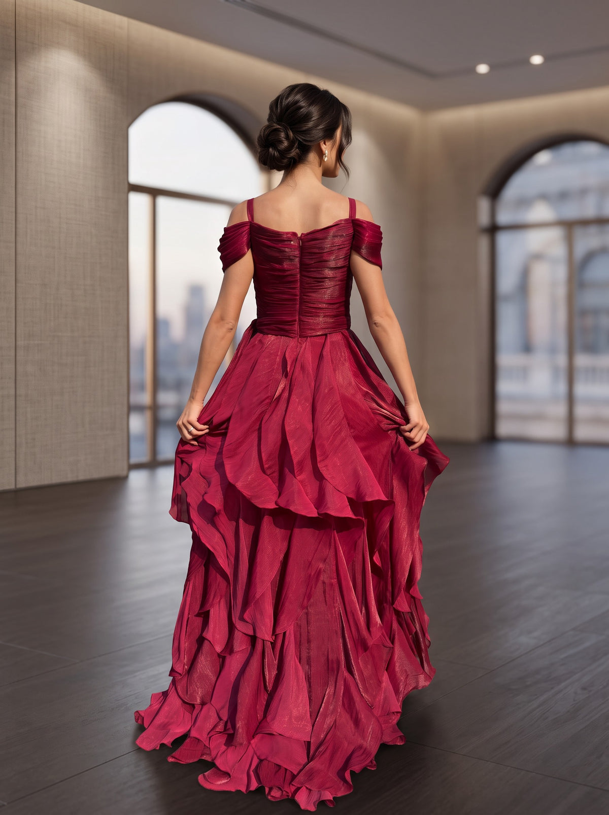Rochie Lungă Bordo Zoe cu Volane 10589
