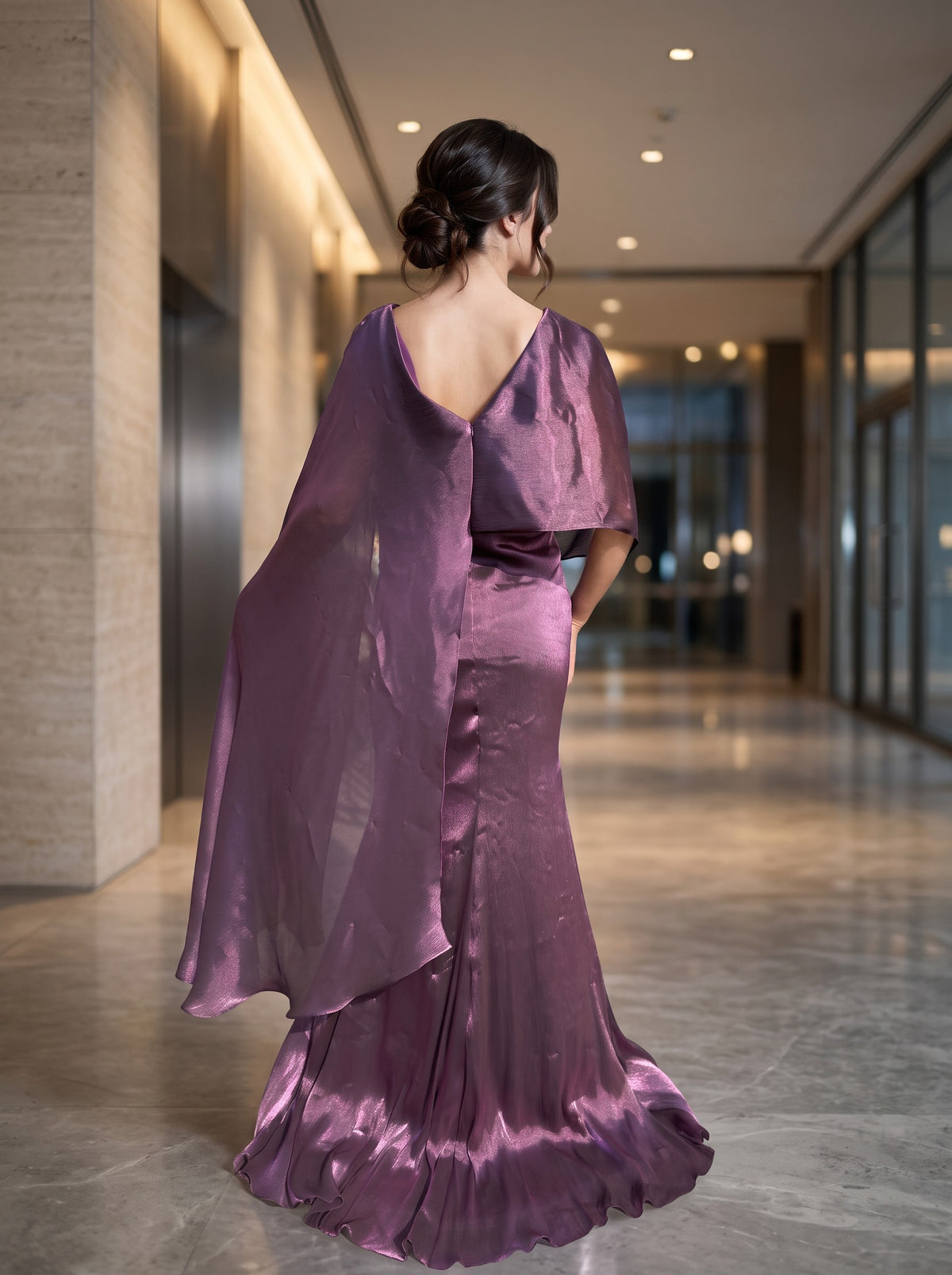 Rochie Lungă Elegantă Viana Mov Prună cu Drapaje 0871