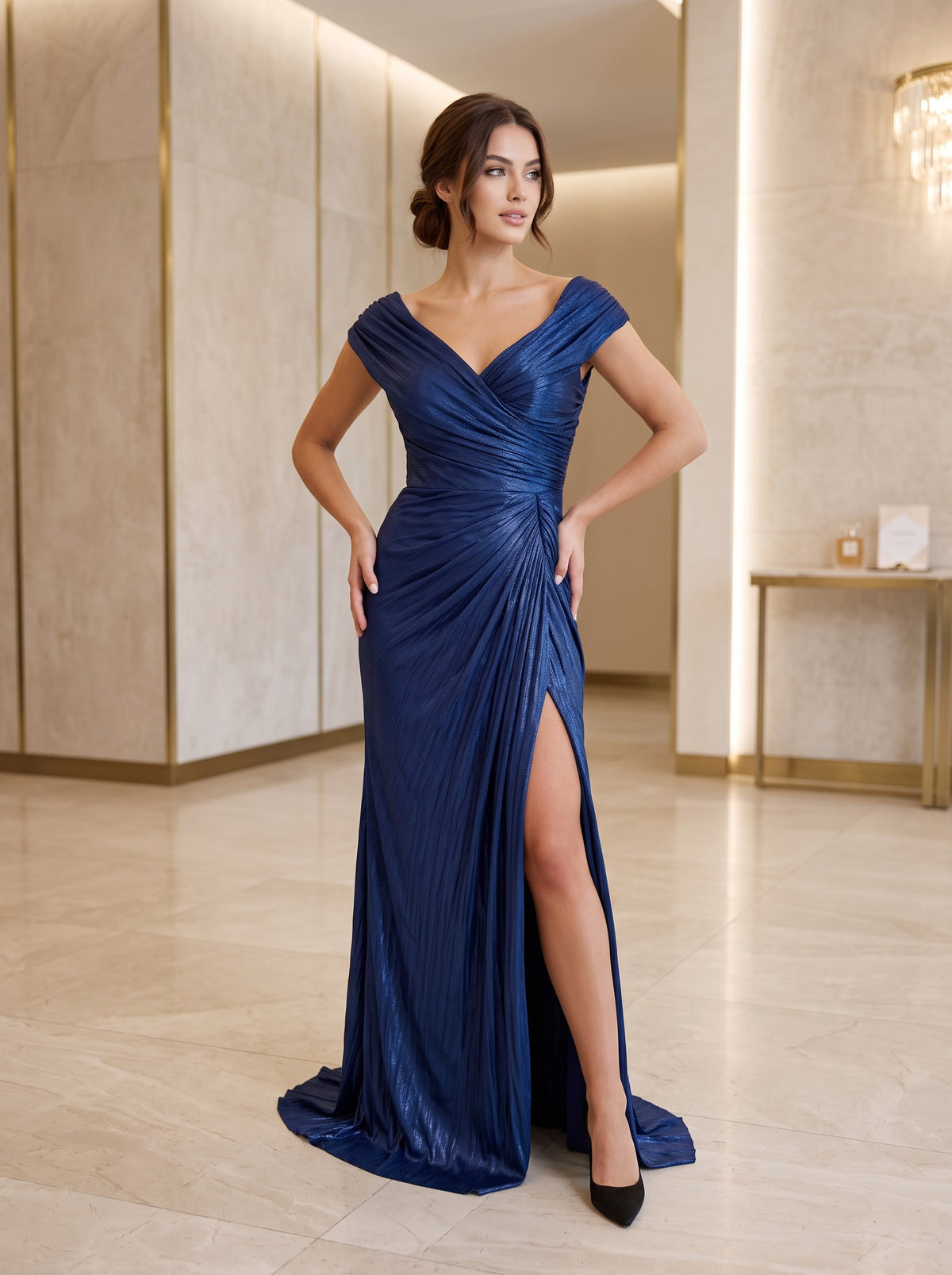 Rochie Lungă Elegantă Bleumarin Evania cu Drapaje 0865