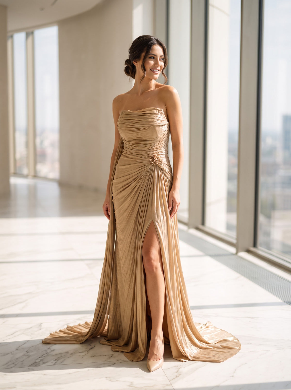 Rochie Lungă Aurie Tatiana cu Drapaje și Eșarfă 10496