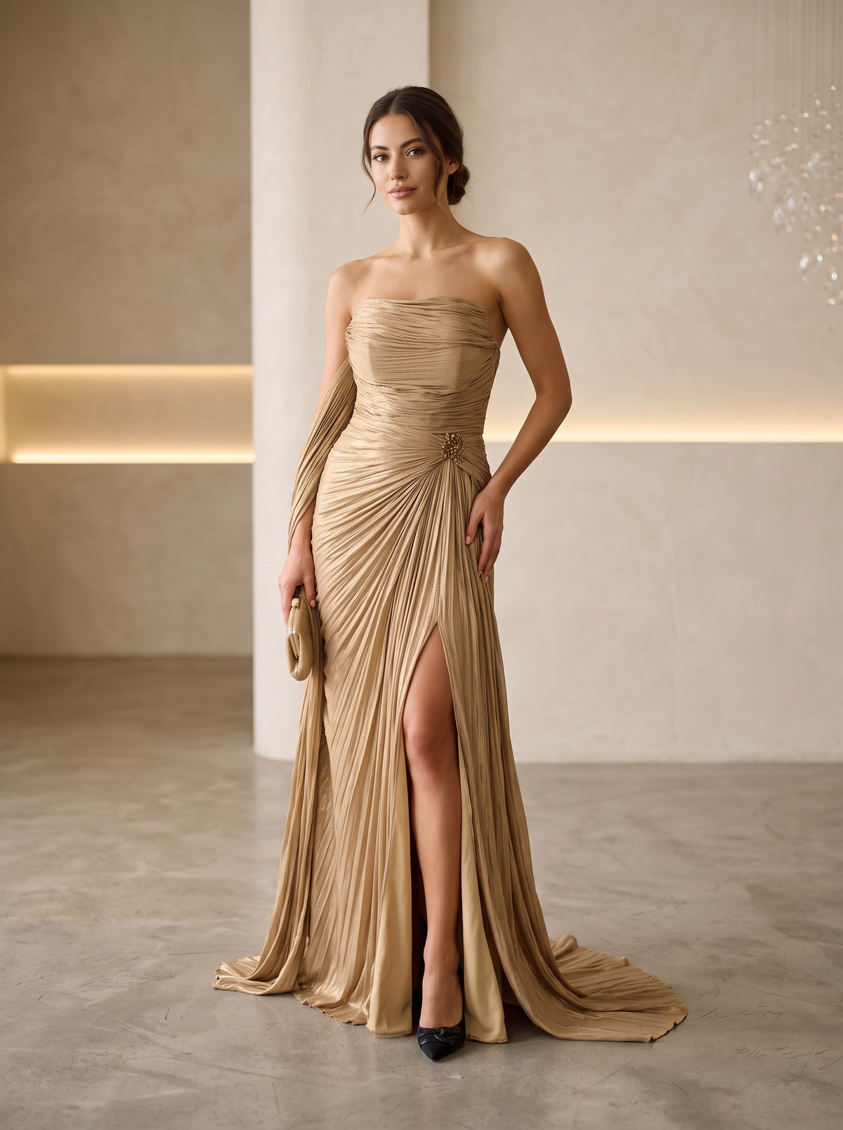 Rochie Lungă Aurie Tatiana cu Drapaje și Eșarfă 10496