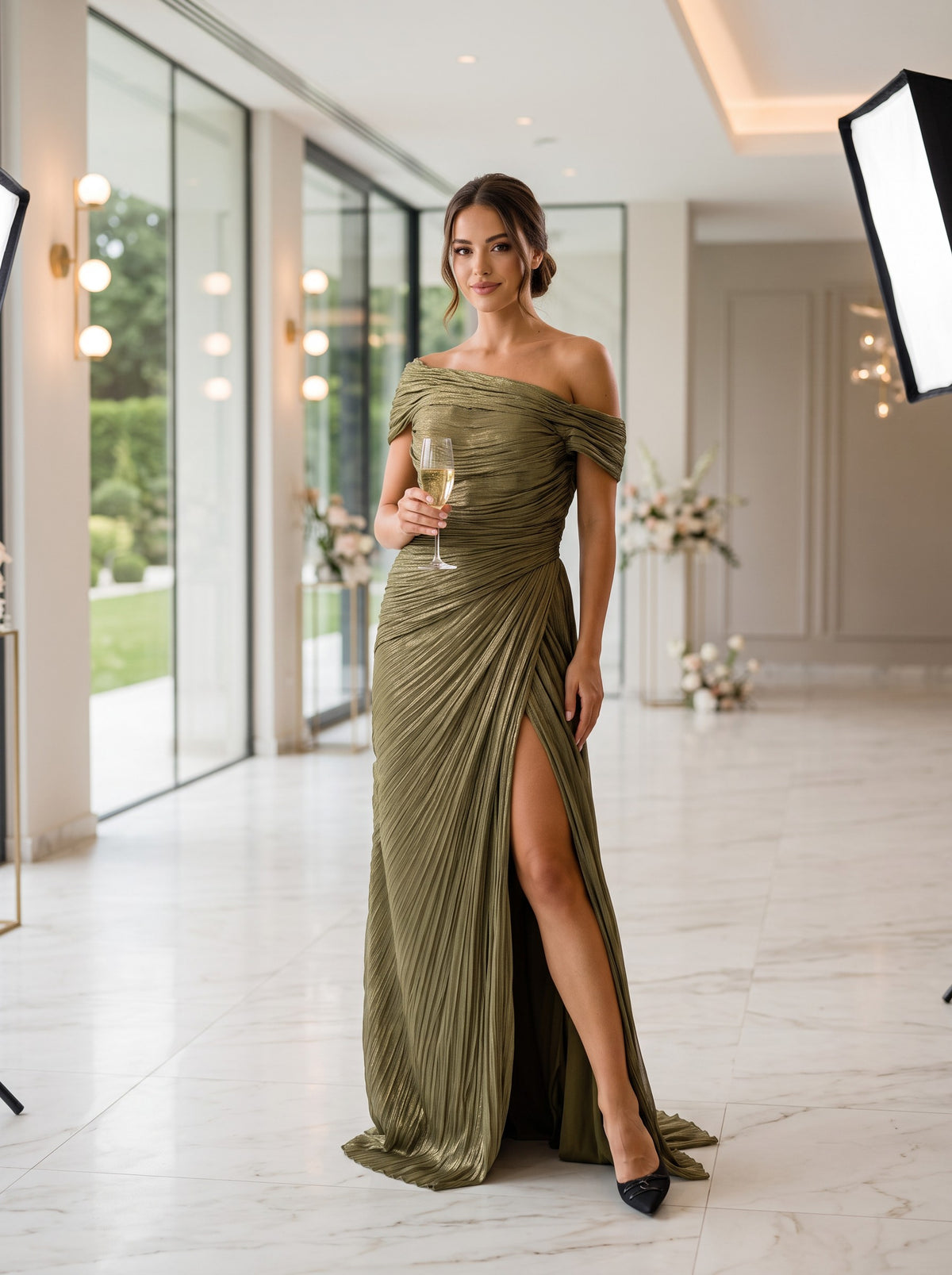 Rochie Lungă Elegantă Zelina Verde Olive cu Drapaje 0857