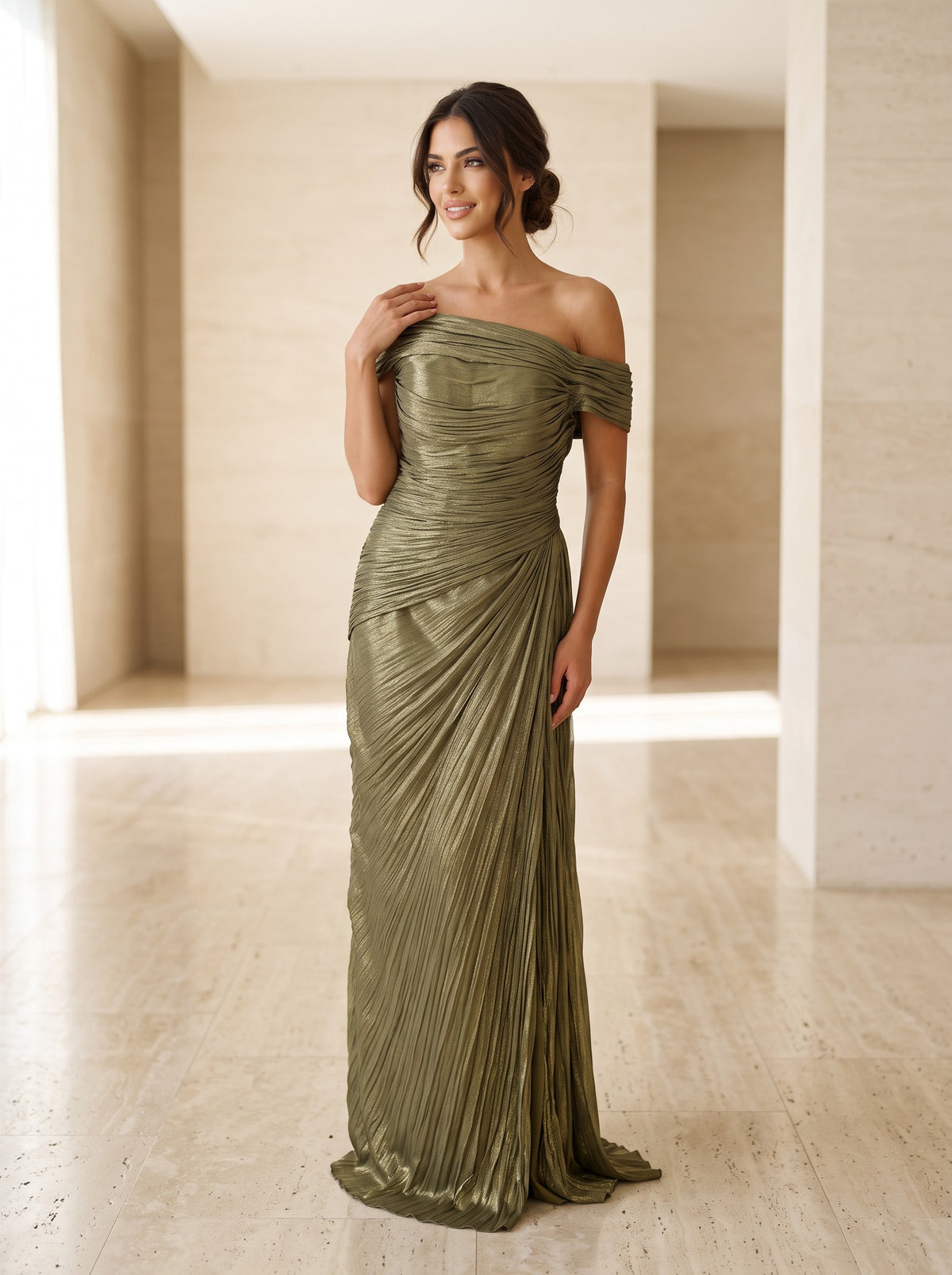 Rochie Lungă Elegantă Zelina Verde Olive cu Drapaje 0857