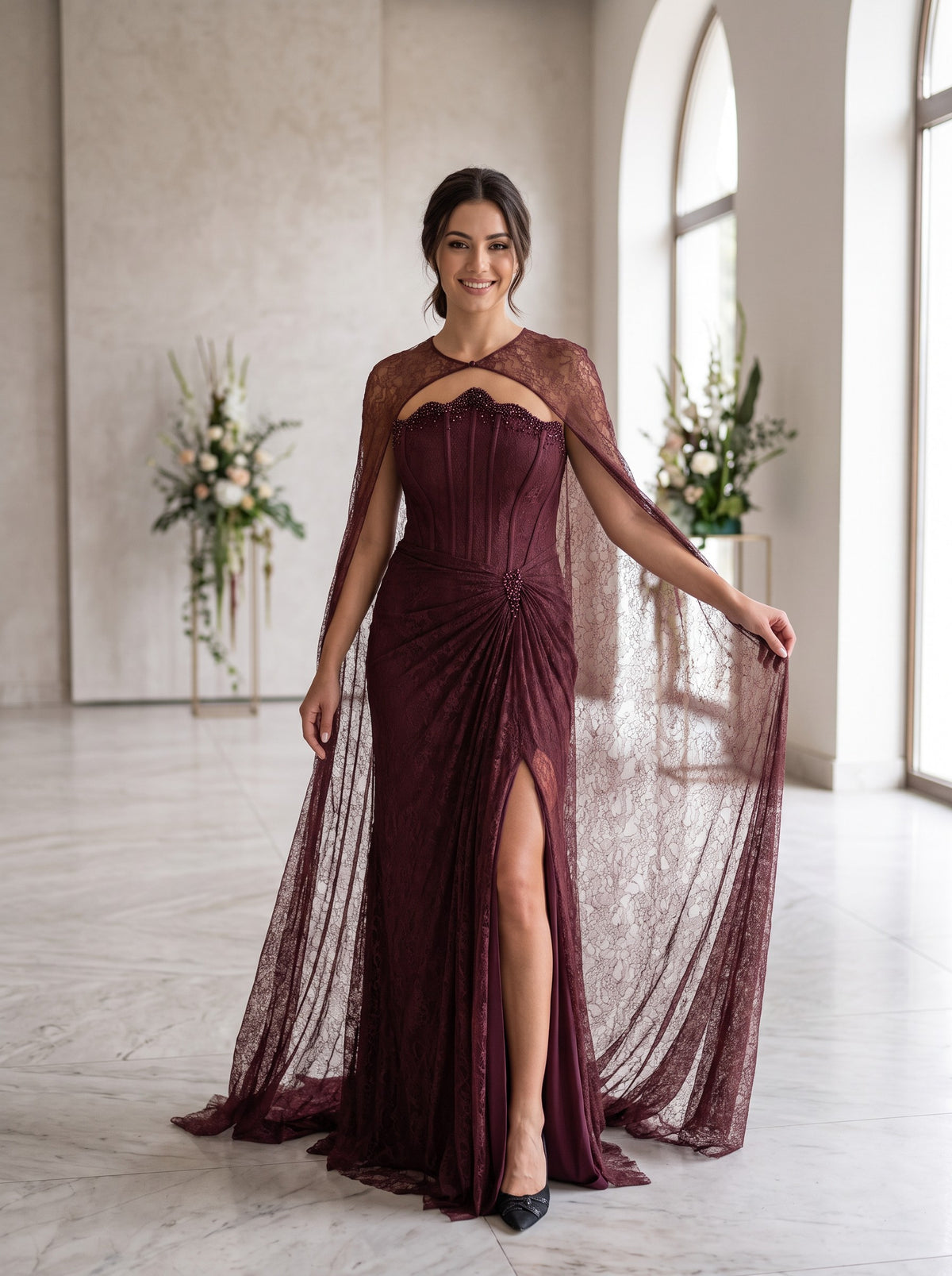 Rochie Lungă Bordo Monroe din Dantelă cu Corset și Capă 10516