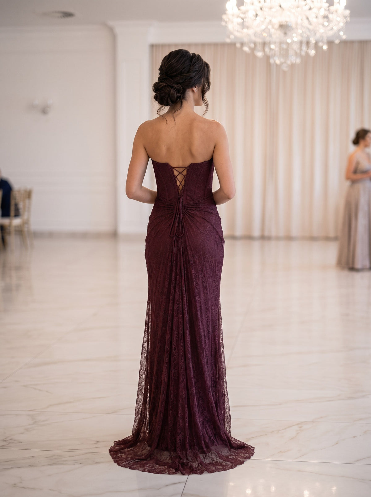 Rochie Lungă Bordo Monroe din Dantelă cu Corset și Capă 10516