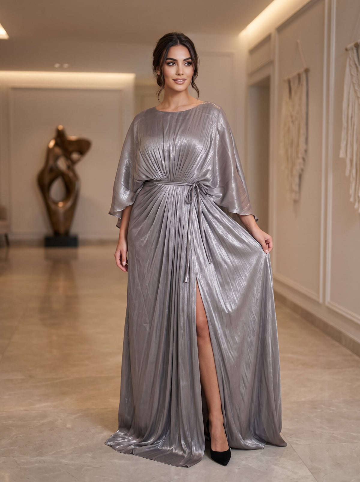 Rochie Lungă Elegantă Valenza Argintie cu Drapaje 0869