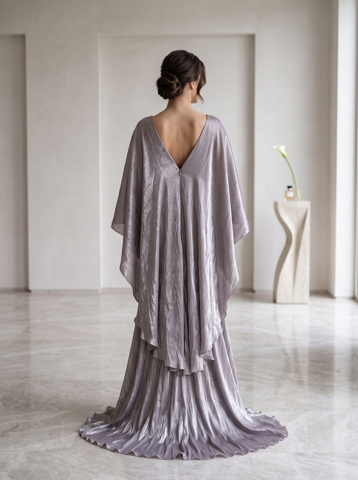 Rochie Lungă Elegantă Valenza Argintie cu Drapaje 0869