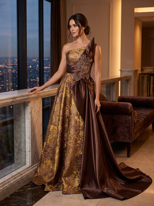 Rochie de Gala Jacard cu Trenă și Floare Statement - Damask Royale