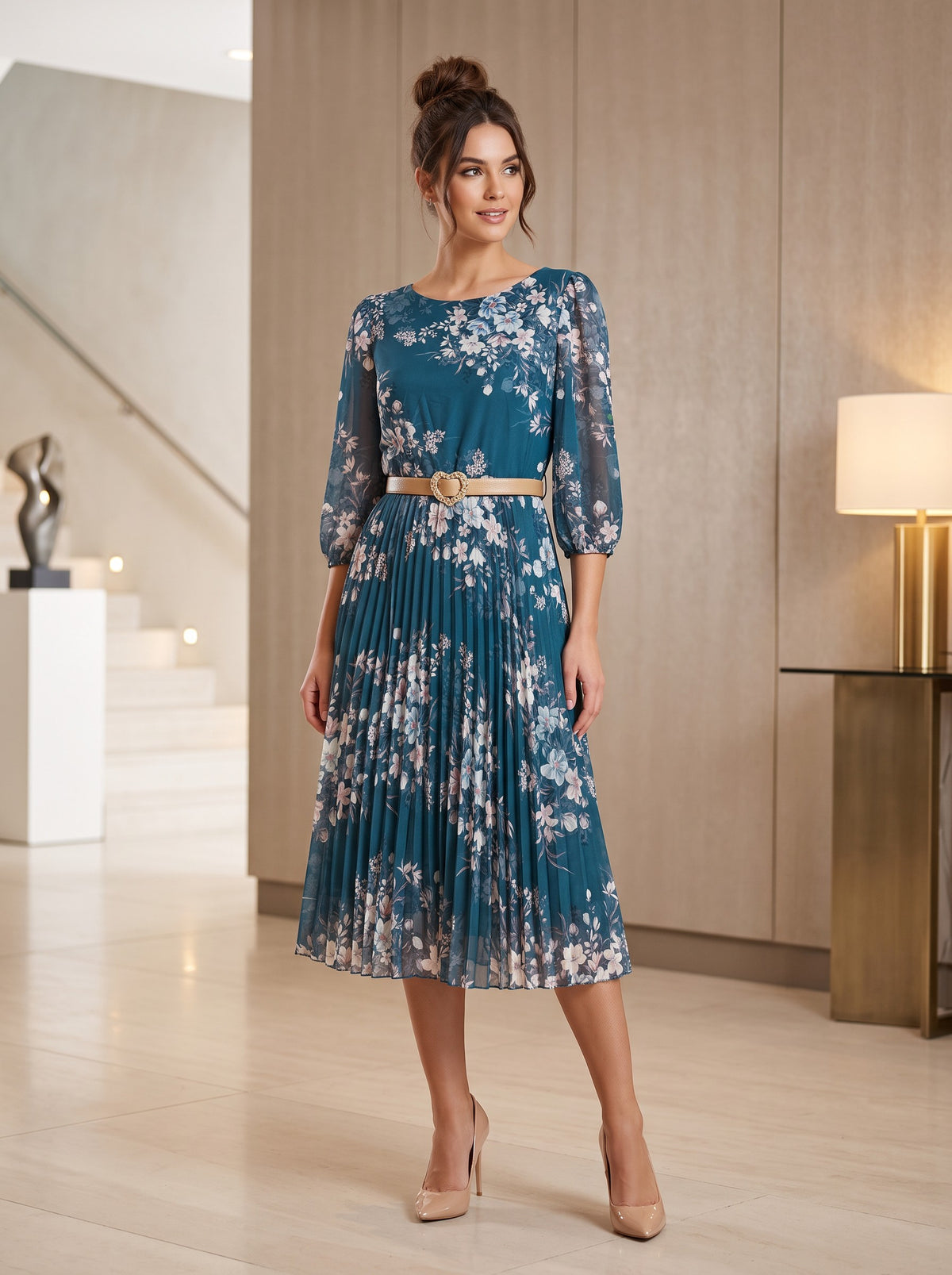 Rochie Midi Plisata cu Imprimeu Floral – Fleur Bleu