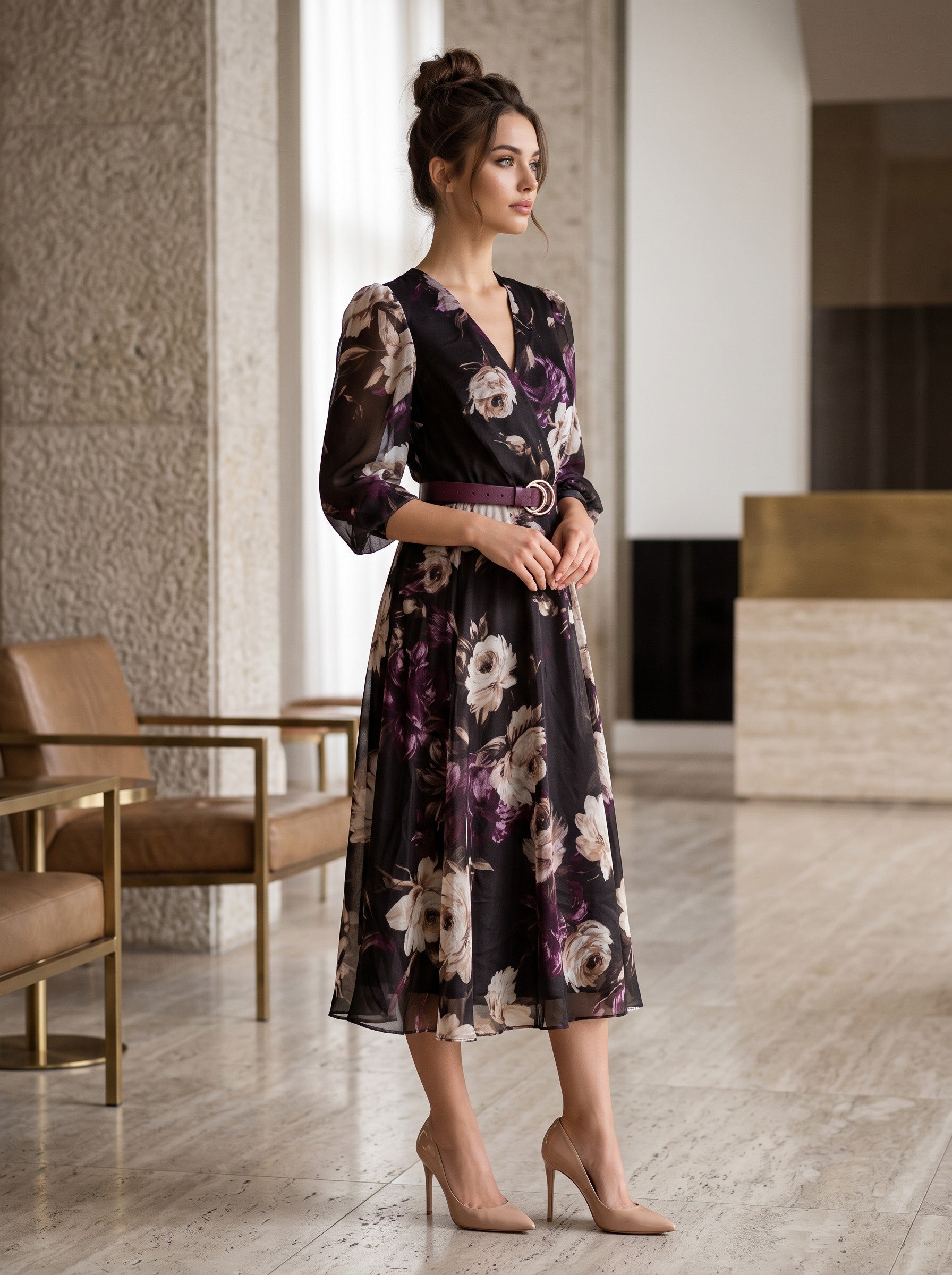 Rochie midi eleganta cu imprimeu floral prune si centura - Fleur Prune Noir