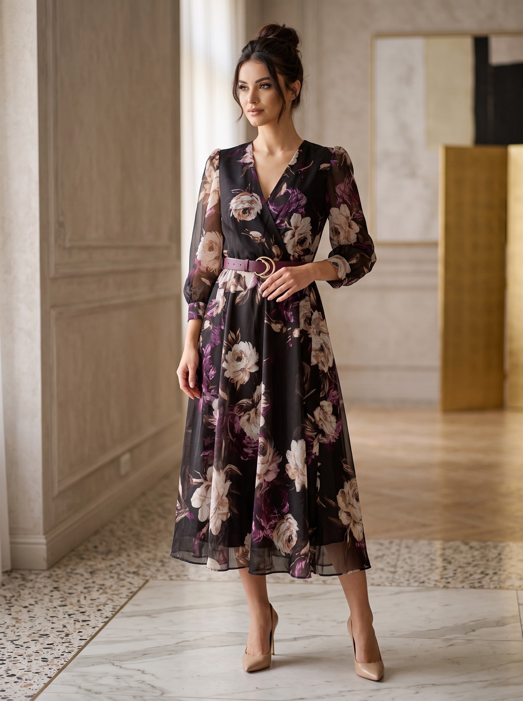 Rochie midi eleganta cu imprimeu floral prune si centura - Fleur Prune Noir
