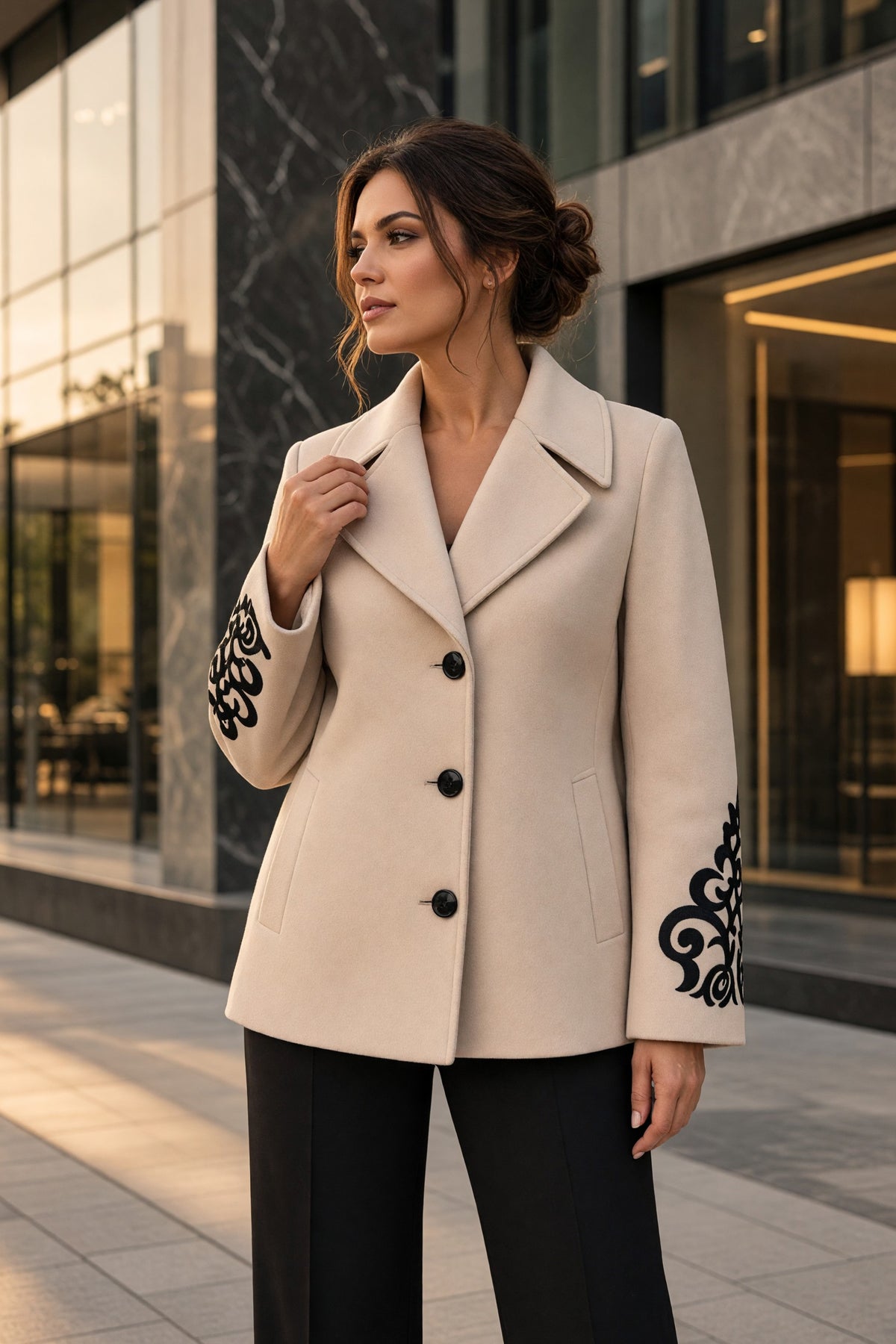 Palton din Lână Alessandra Bej cu Broderie Ornamentală - SENTIERRI