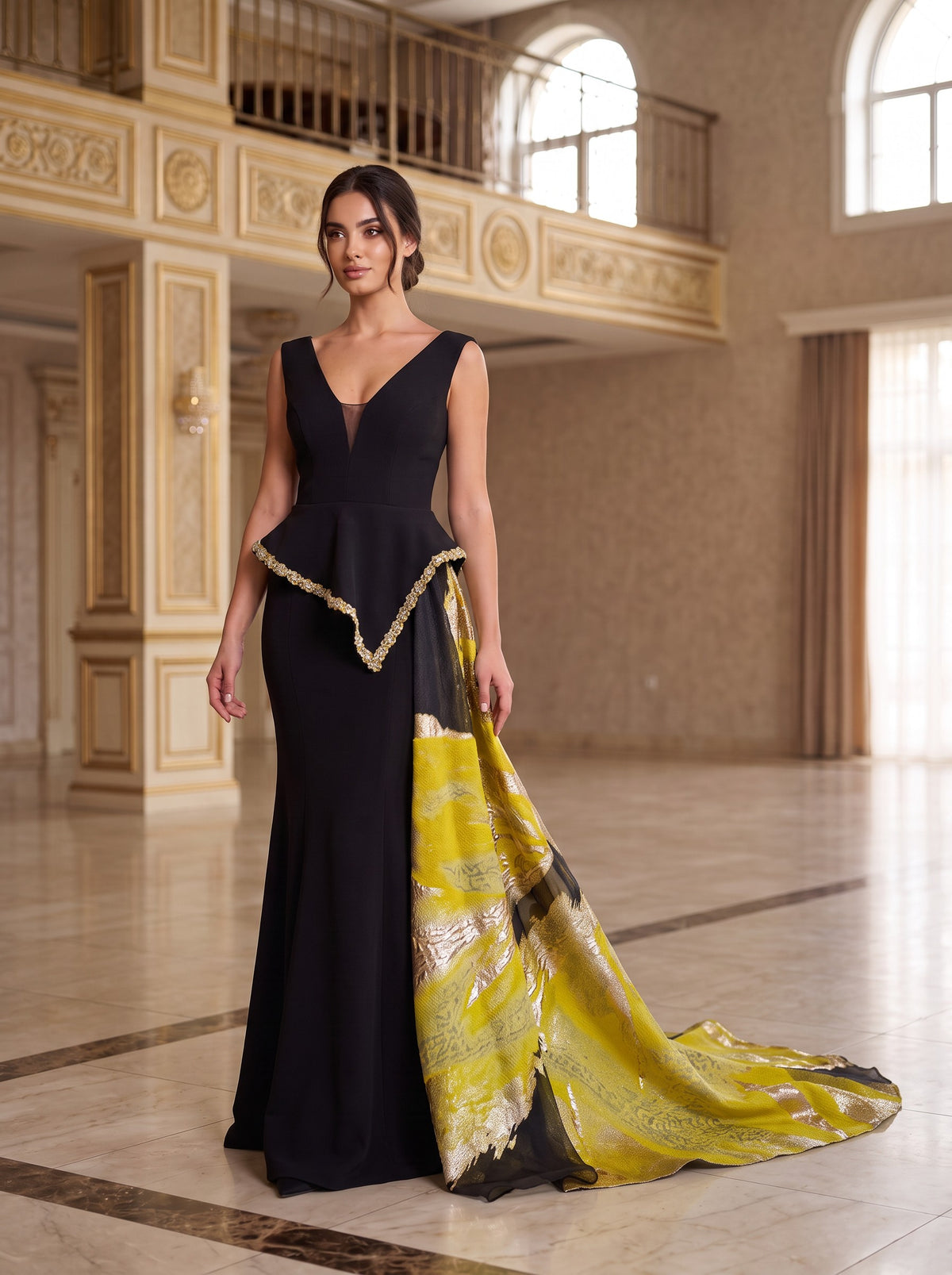 Rochie de Seară Neagră cu Trenă Laterală Aurie-Galbenă Statement - Cecile