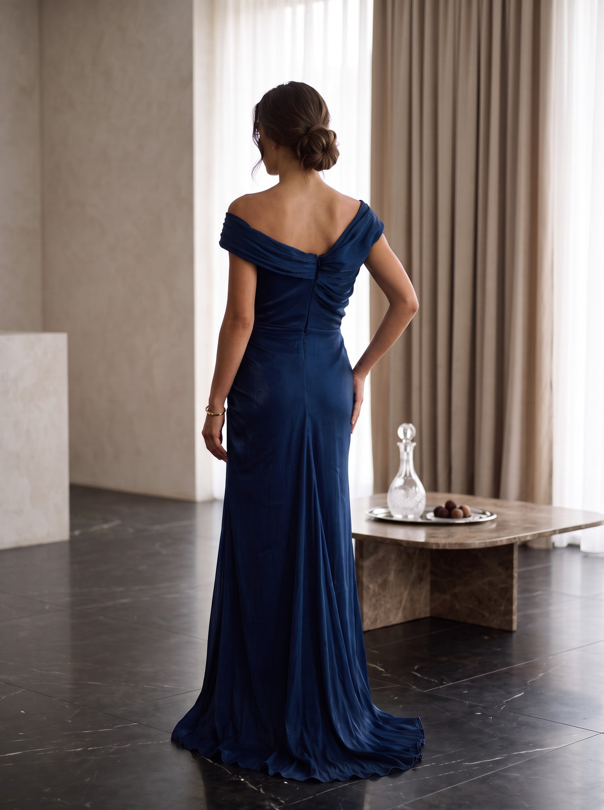 Rochie Lungă Elegantă Bleumarin Evania cu Drapaje 0865