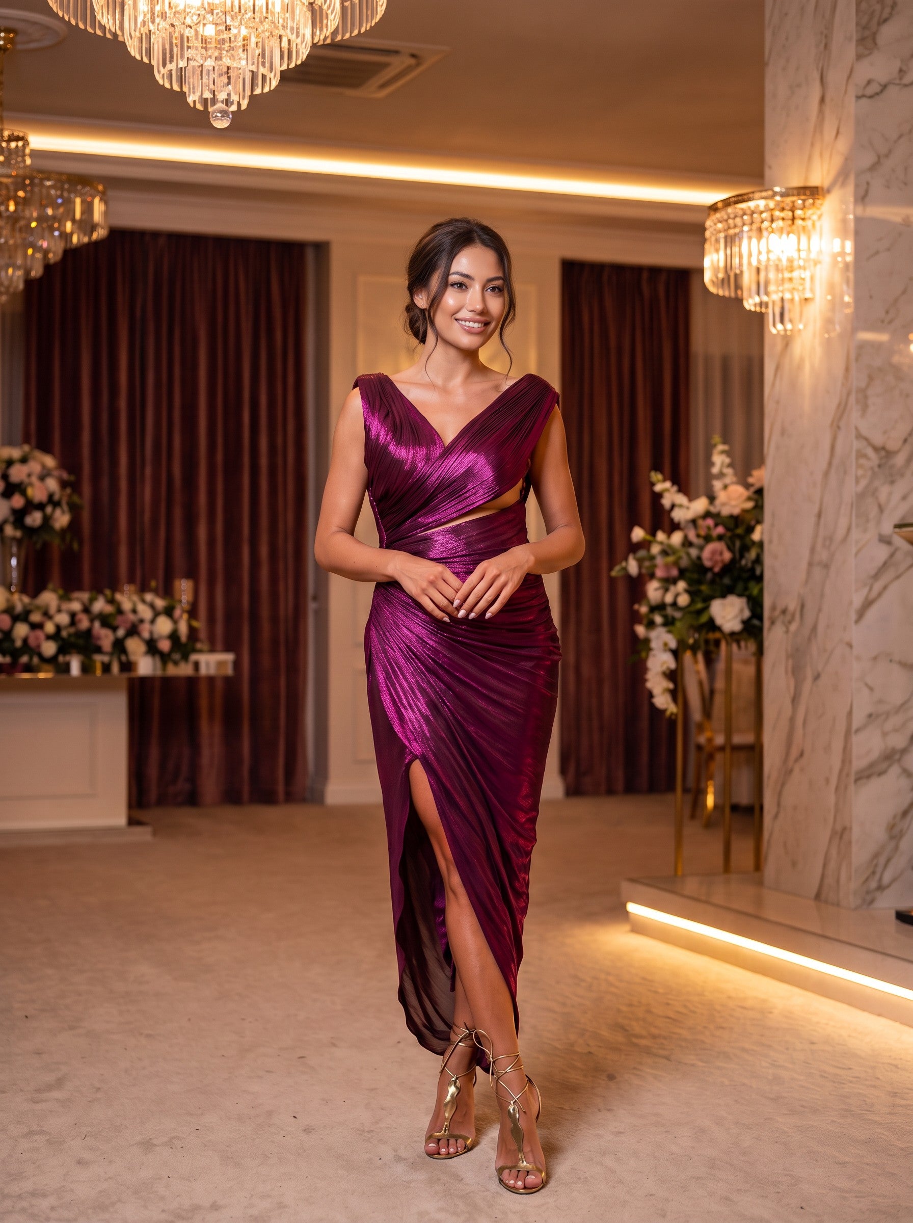 Rochie Midi Eleganta Magenta Metalizata cu Decupaj Lateral - Adelisse Purple