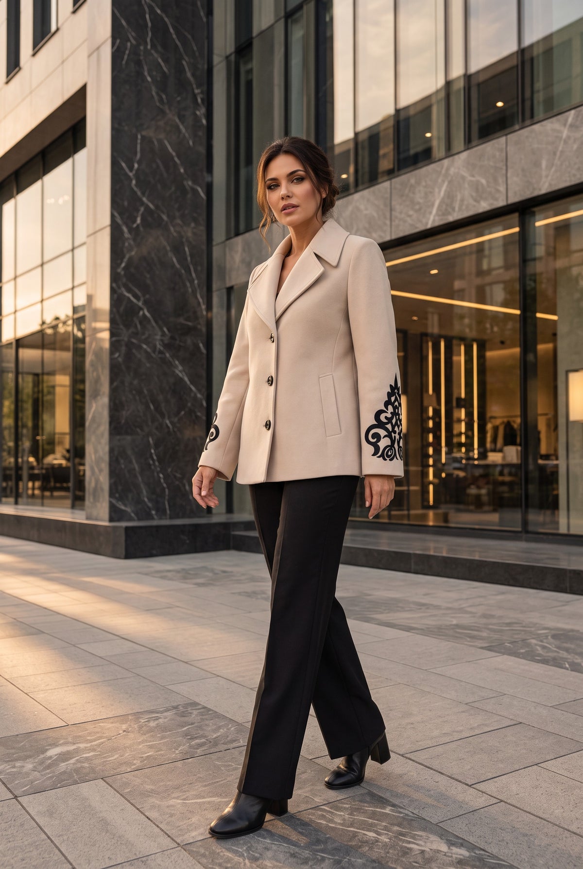 Palton din Lână Alessandra Bej cu Broderie Ornamentală - SENTIERRI