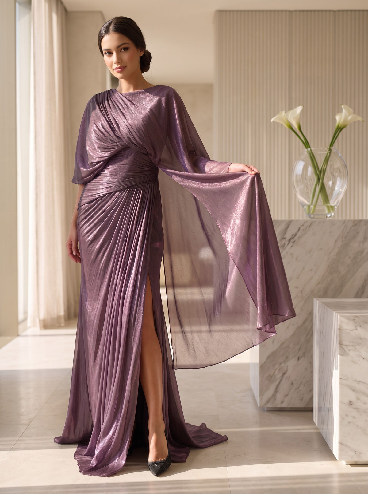 Rochie Lungă Elegantă Viana Mov Prună cu Drapaje 0871