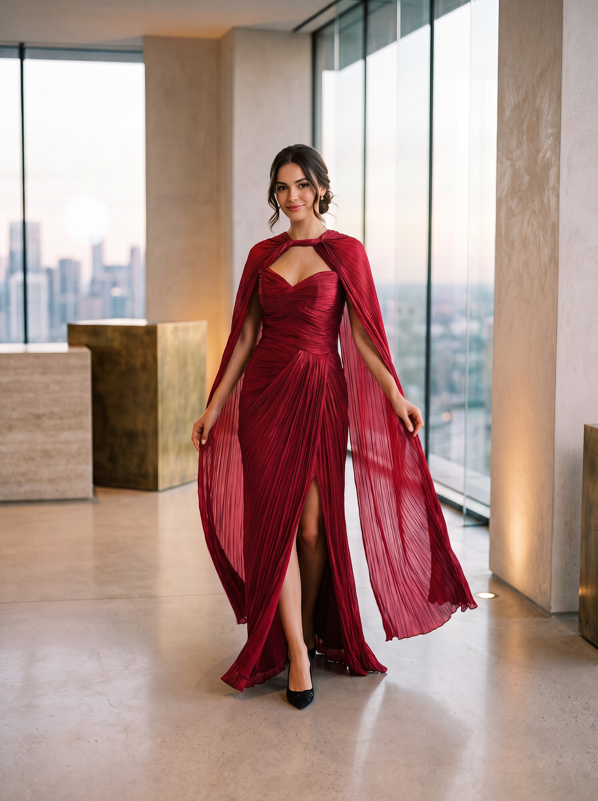 Rochie Lungă Elegantă Fabiana cu Drapaje și Capă – Bordo / Caramel - 9942