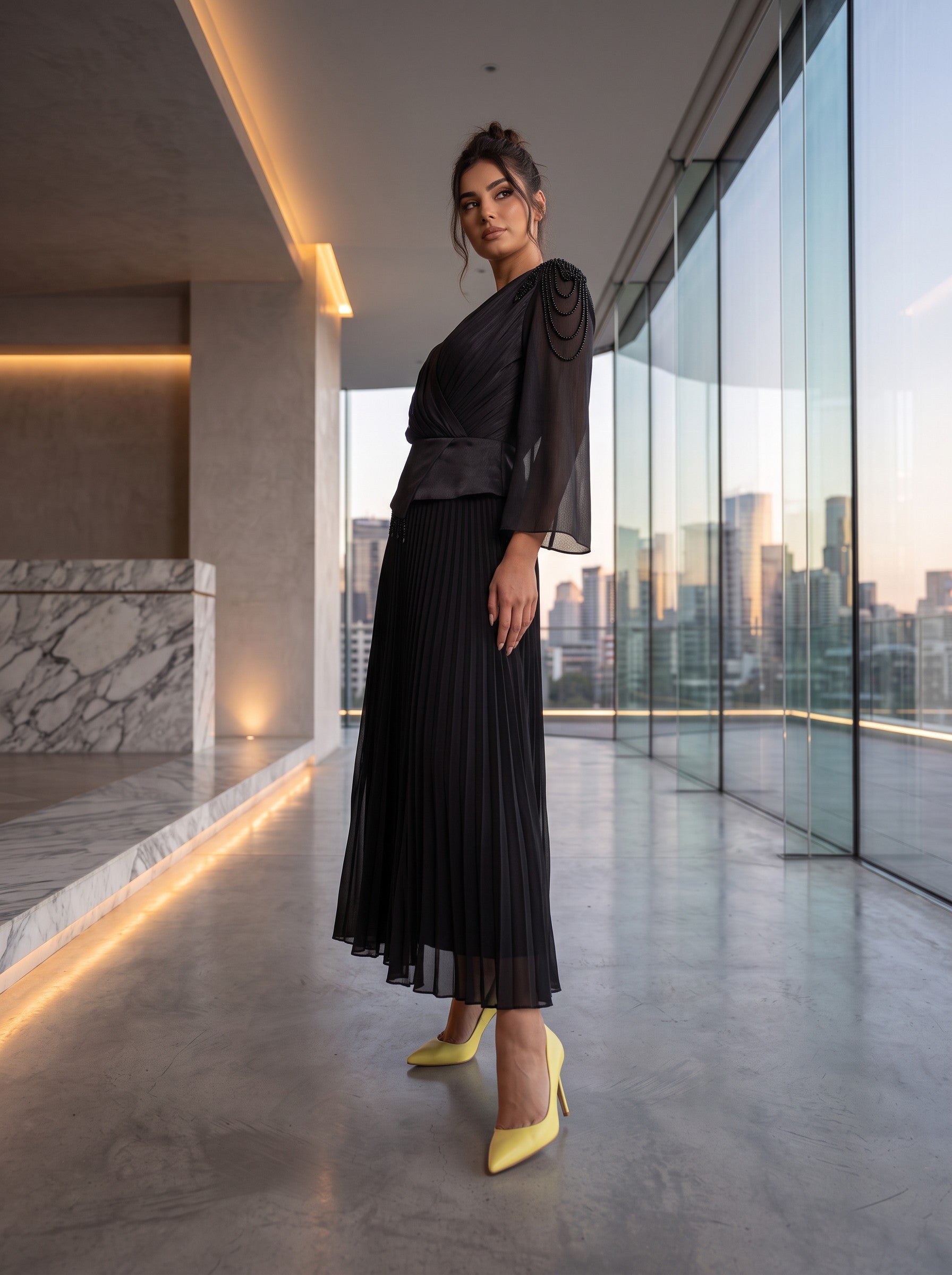 Rochie Eleganta Neagra cu Fusta Plisata Noir Élégance