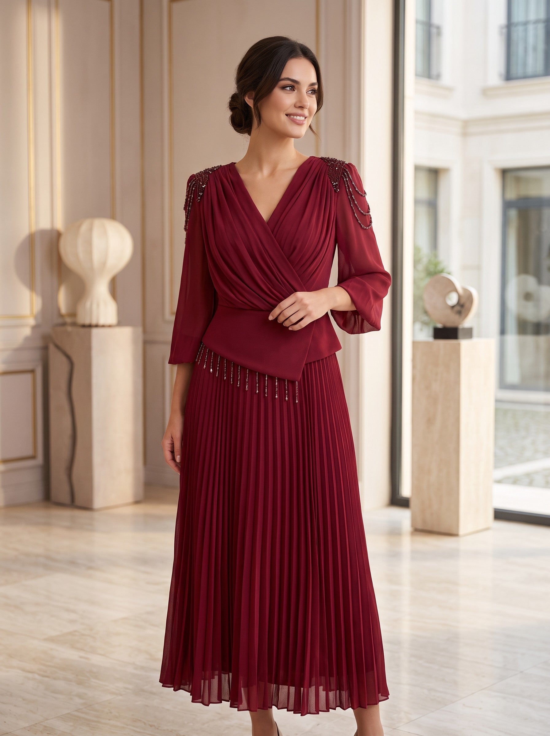 Rochie Eleganta Bordeaux cu Fusta Plisata – Rubin Elegance
