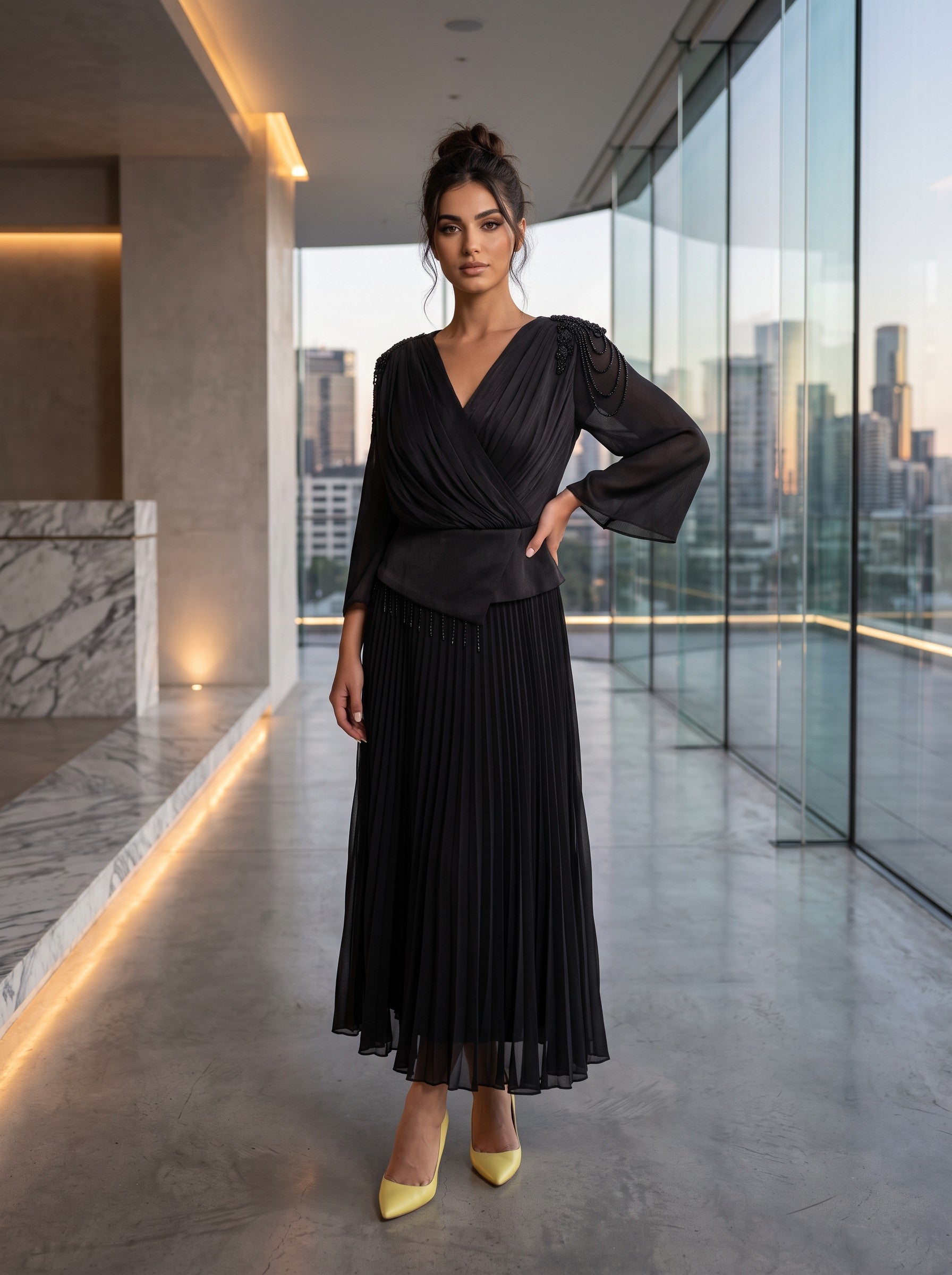 Rochie Eleganta Neagra cu Fusta Plisata Noir Élégance