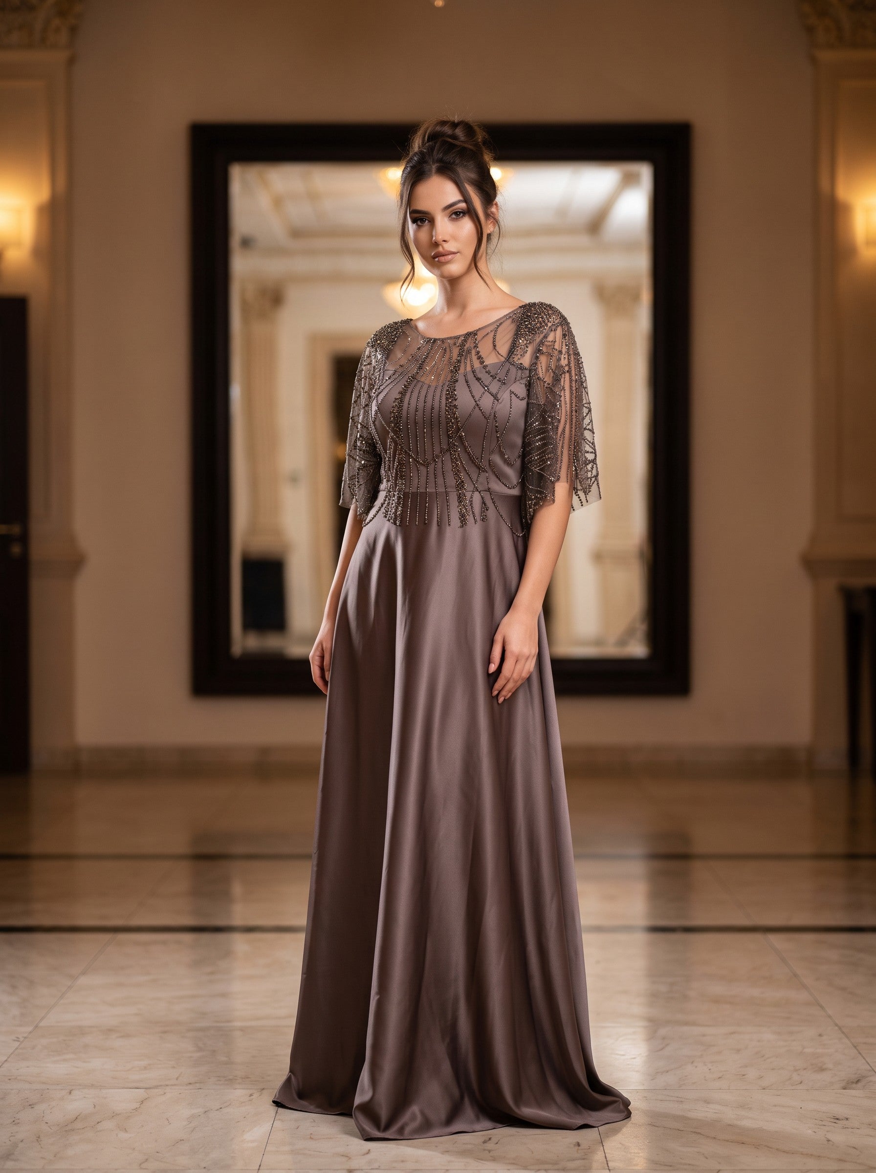 Rochie Eleganta cu Broderie Cristale Taupe Mystique
