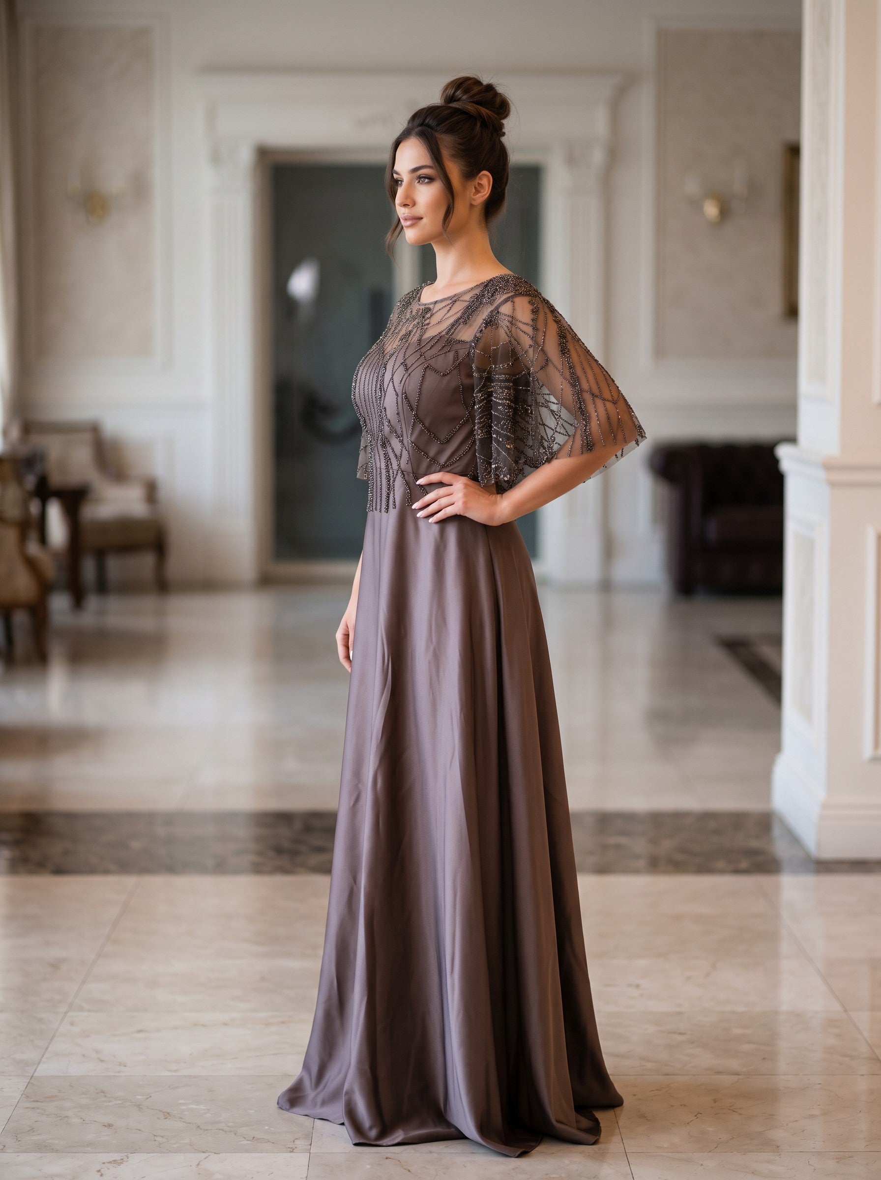 Rochie Eleganta cu Broderie Cristale Taupe Mystique