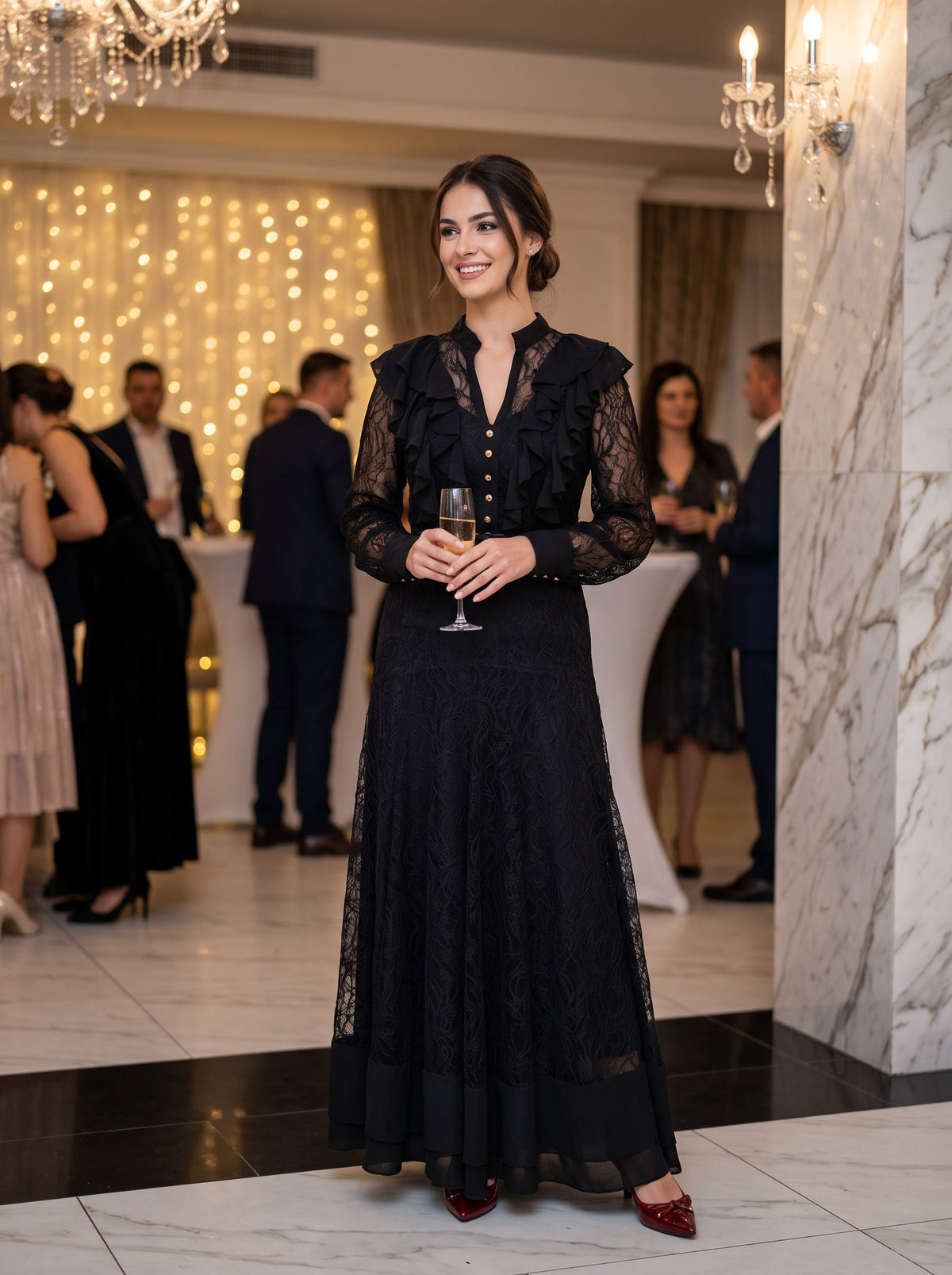 Rochie neagra lunga din dantela Noir Romantica - 2174082